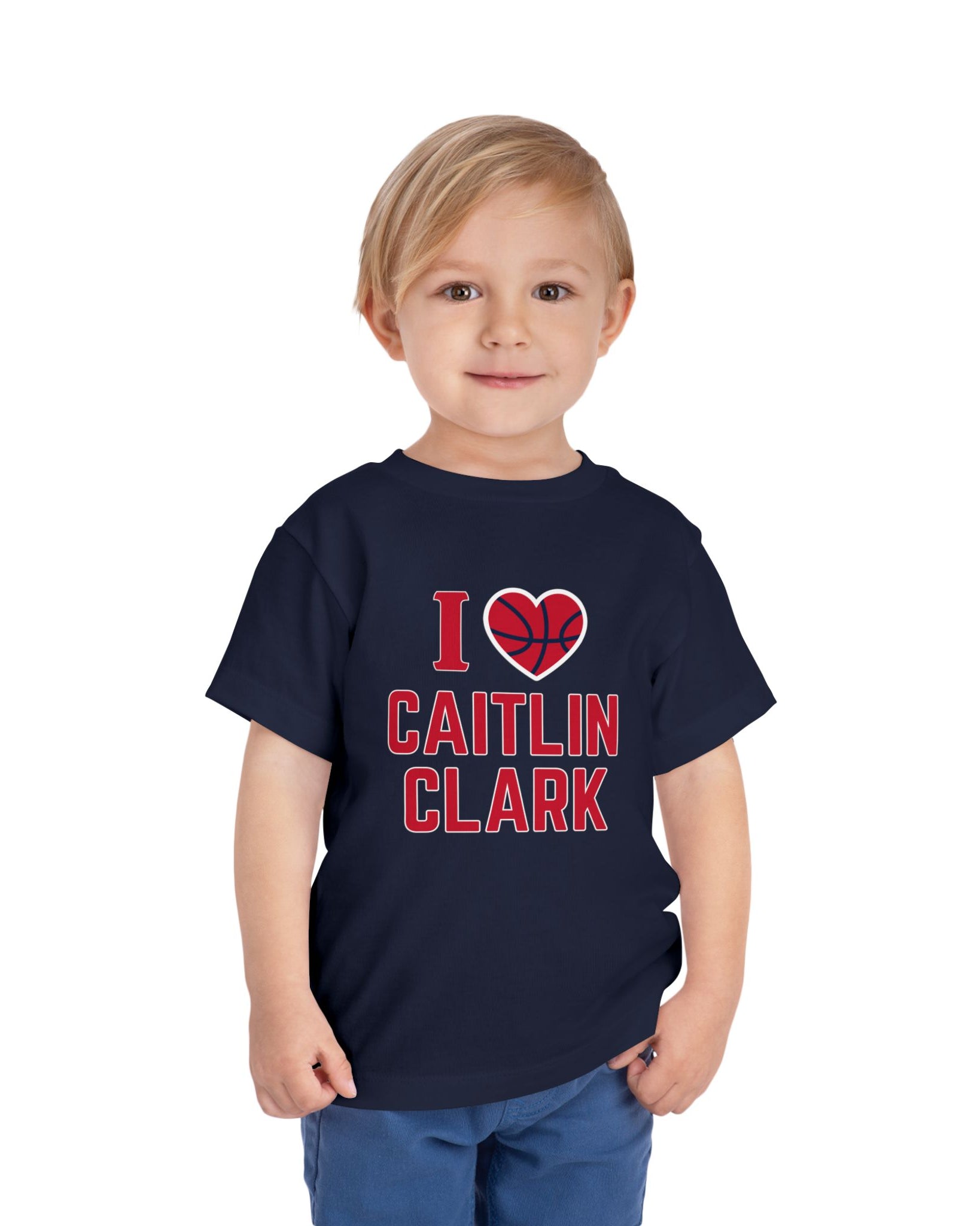 Little boy wearing I love Caitlin Clark t-shirt in navy