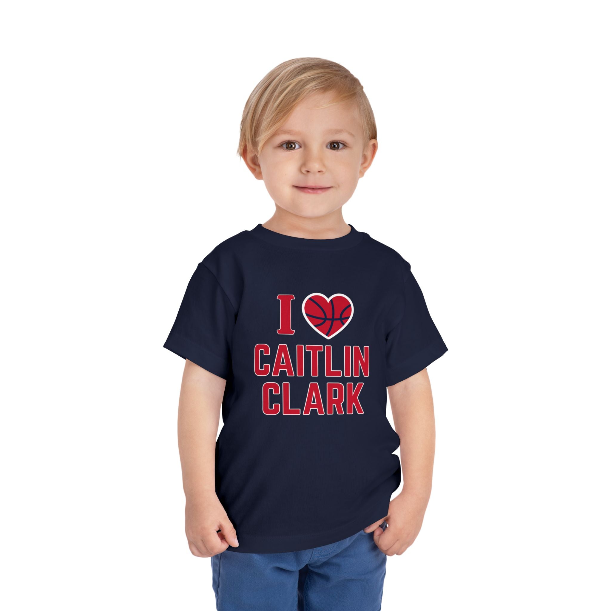 Little boy wearing I love Caitlin Clark t-shirt in navy