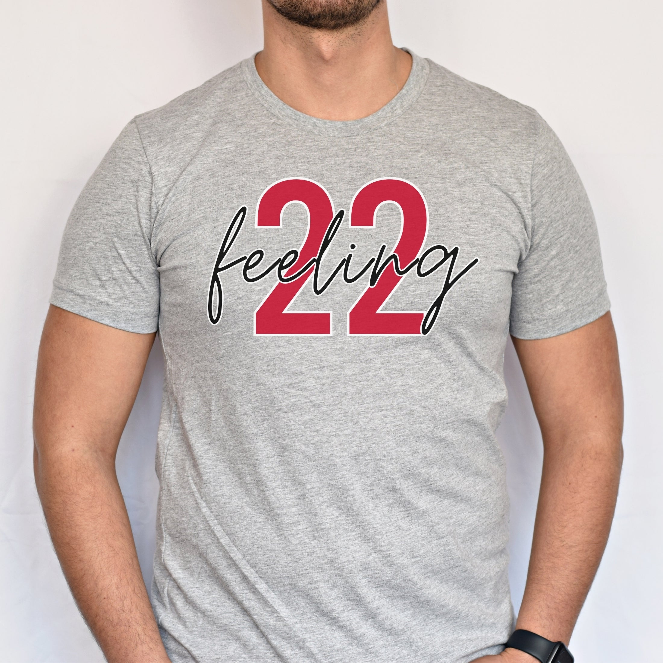 Man wearing athletic heather feeling 22 t-shirt