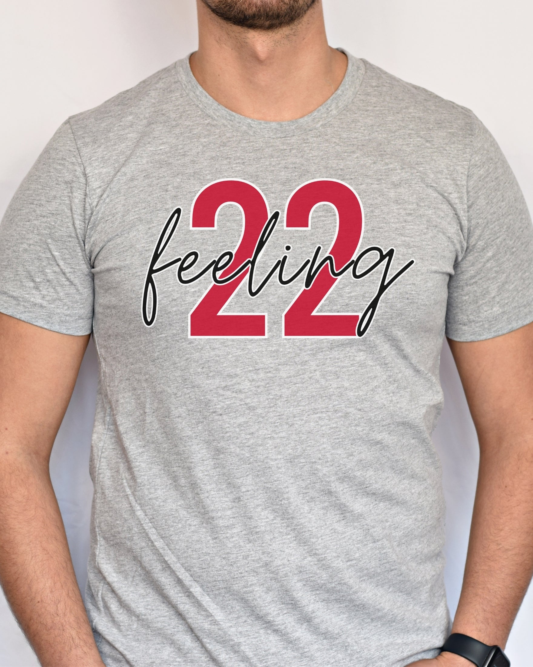 Man wearing athletic heather feeling 22 t-shirt