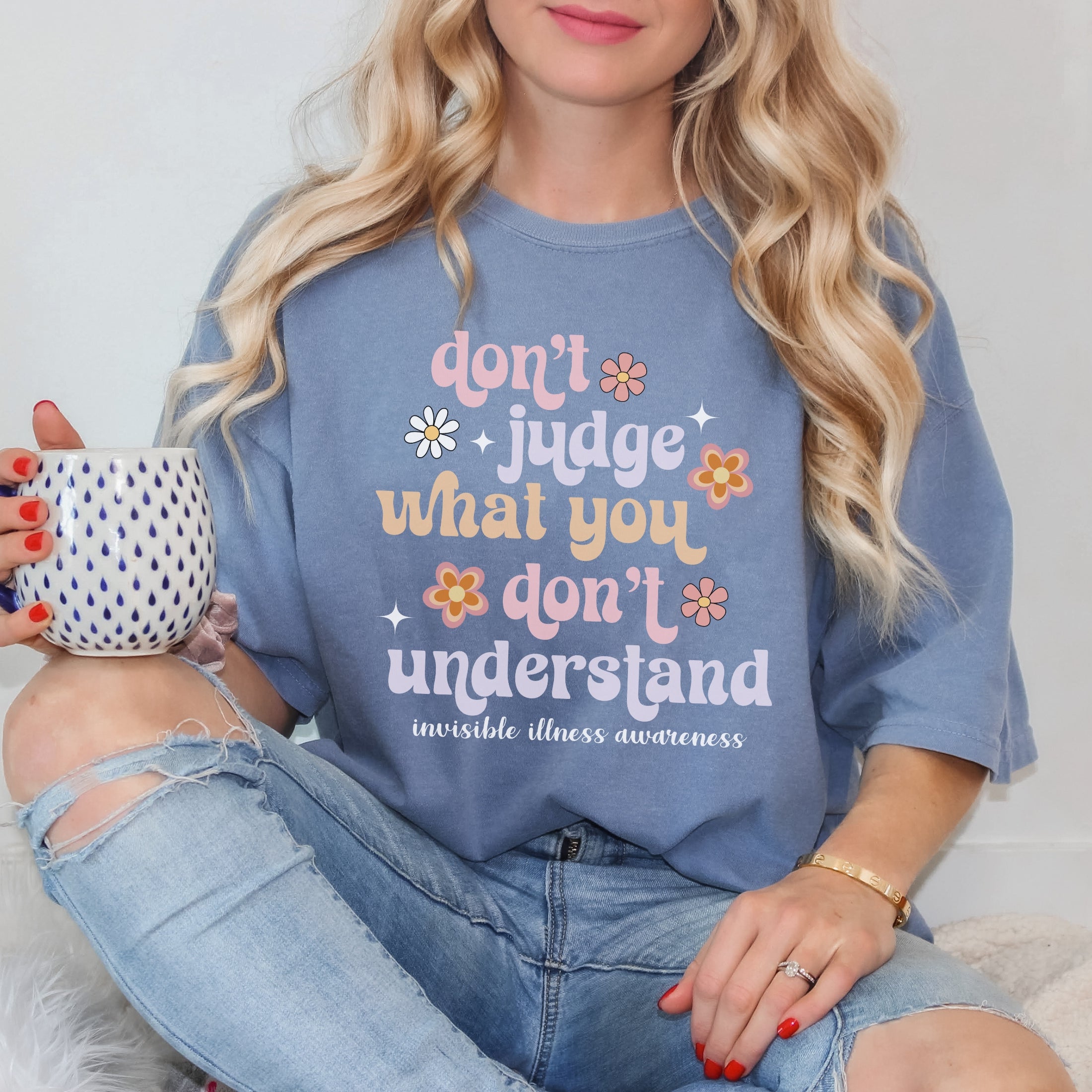 Girl wearing Comfort Colors invisible illness awareness shirt in blue jean