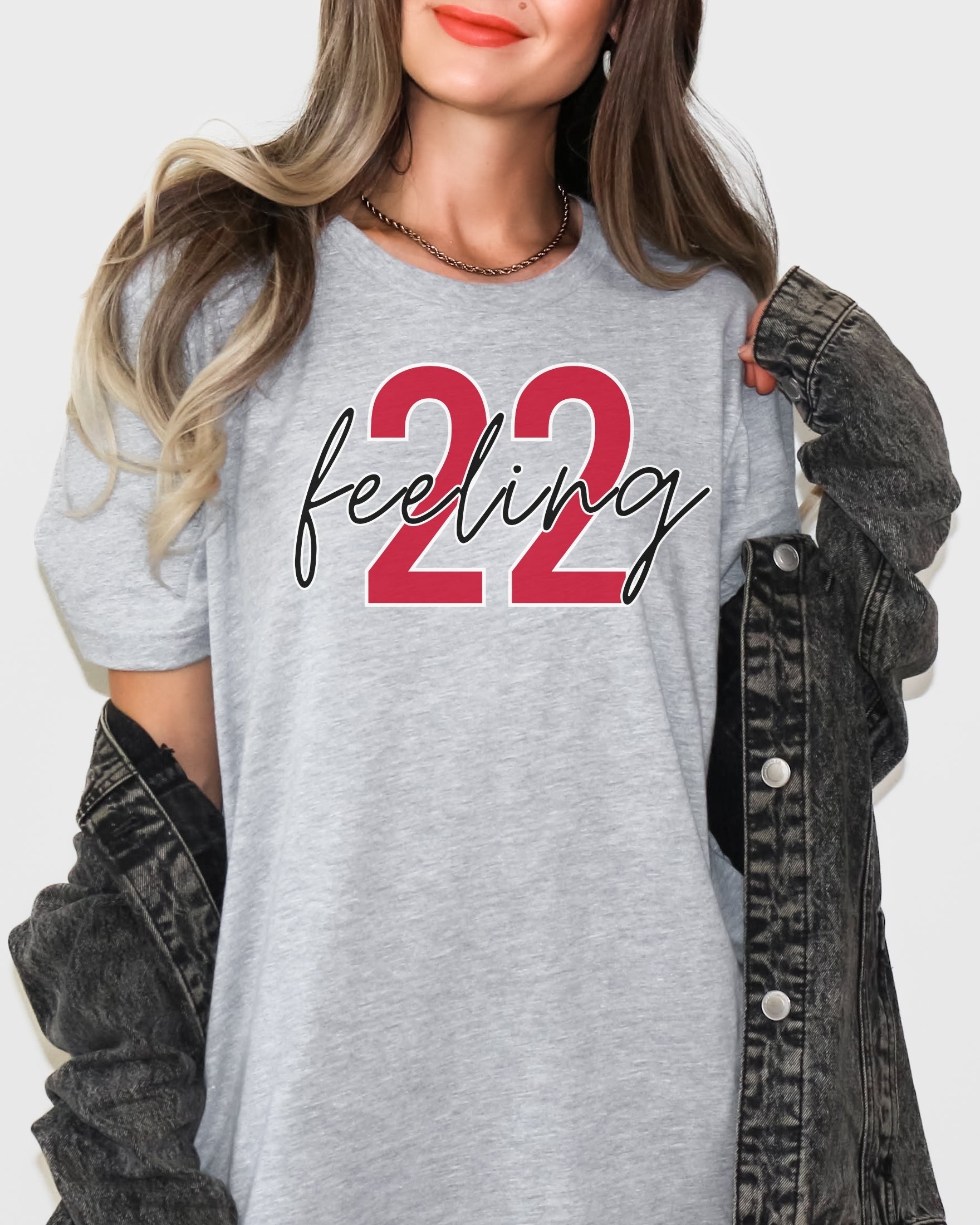 Woman wearing athletic heather feeling 22 t-shirt