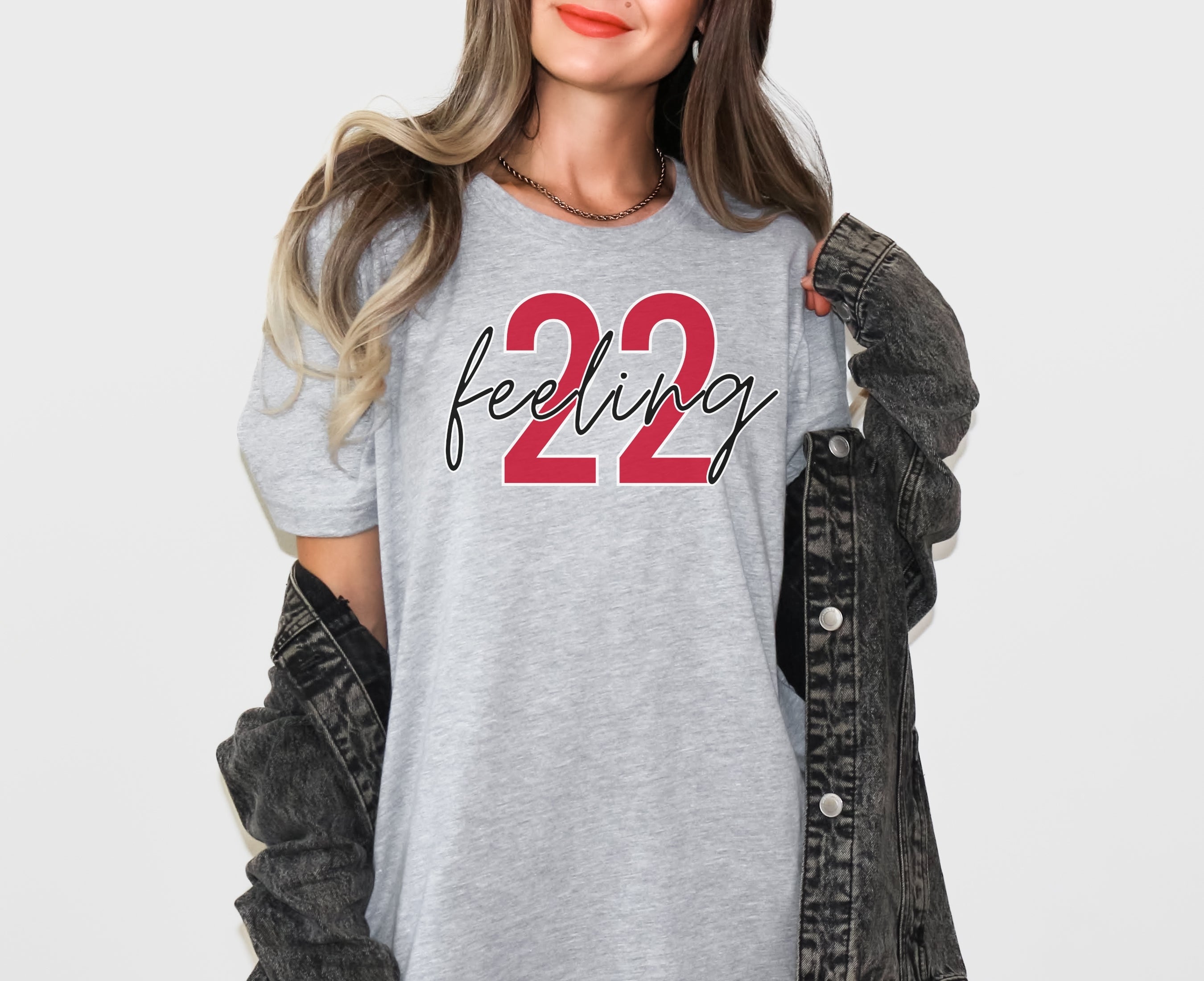 Woman wearing athletic heather feeling 22 t-shirt