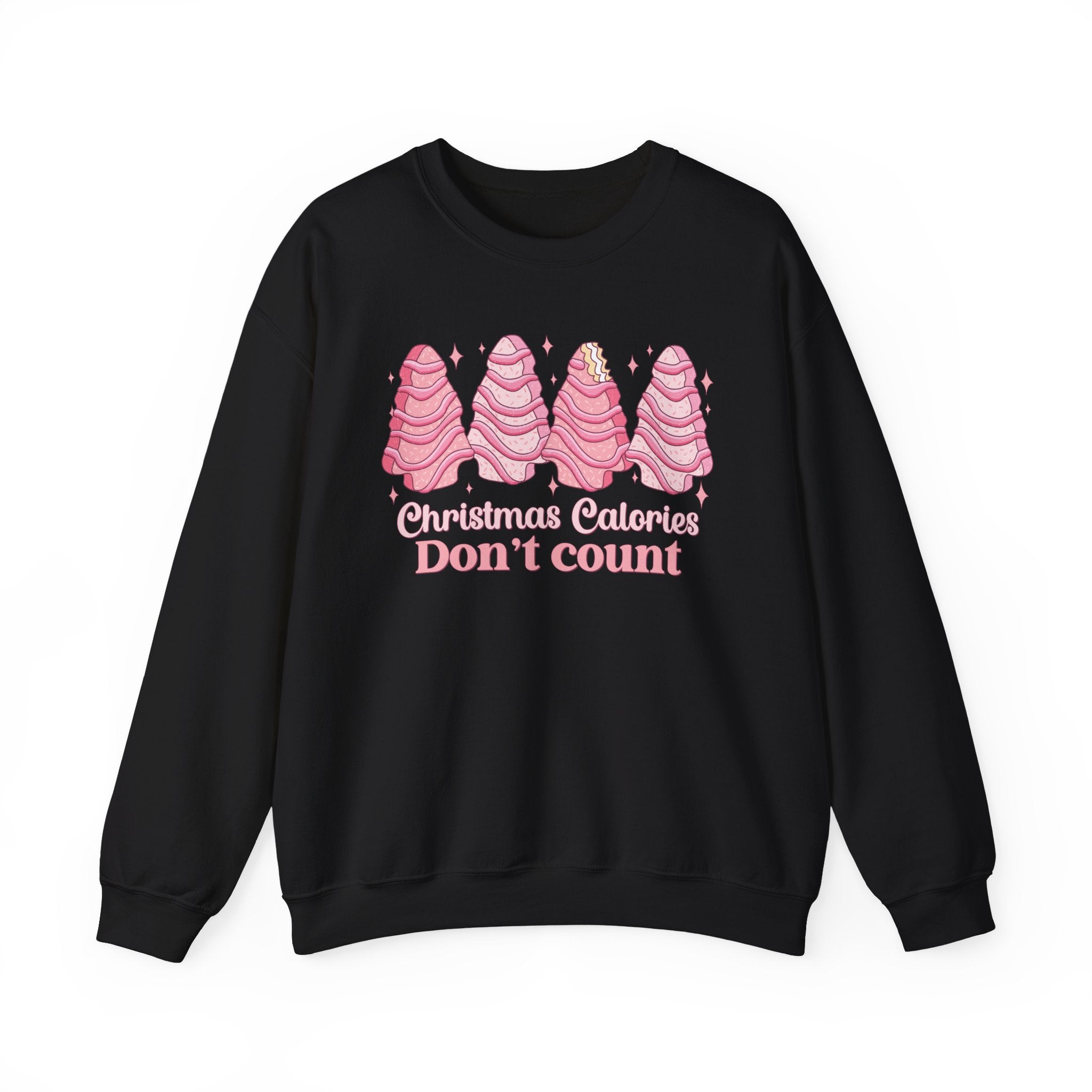 Black sweatshirt with pink Christmas tree cakes on it