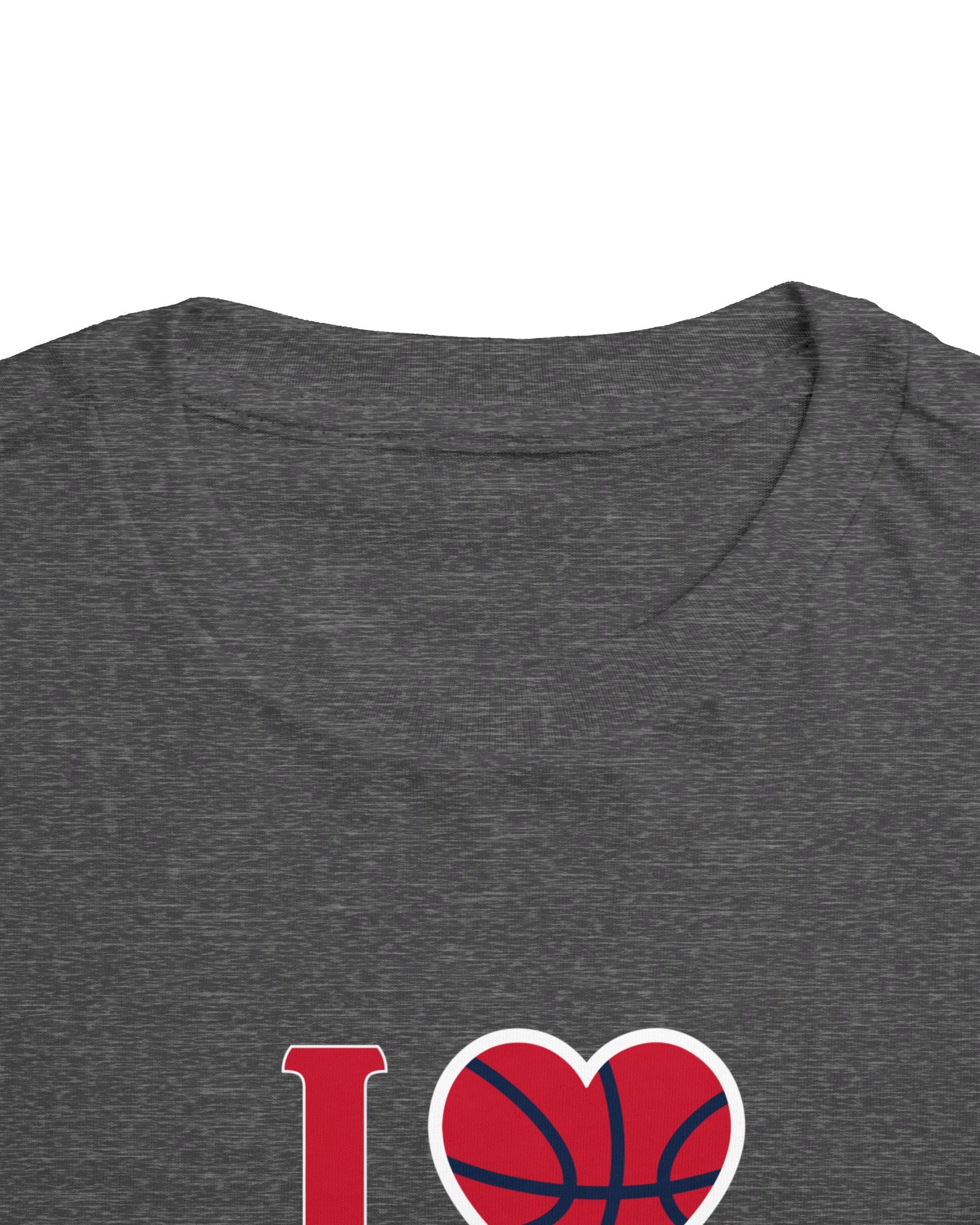 Up close shot of I love Caitlin Clark kids tee in dark grey heather