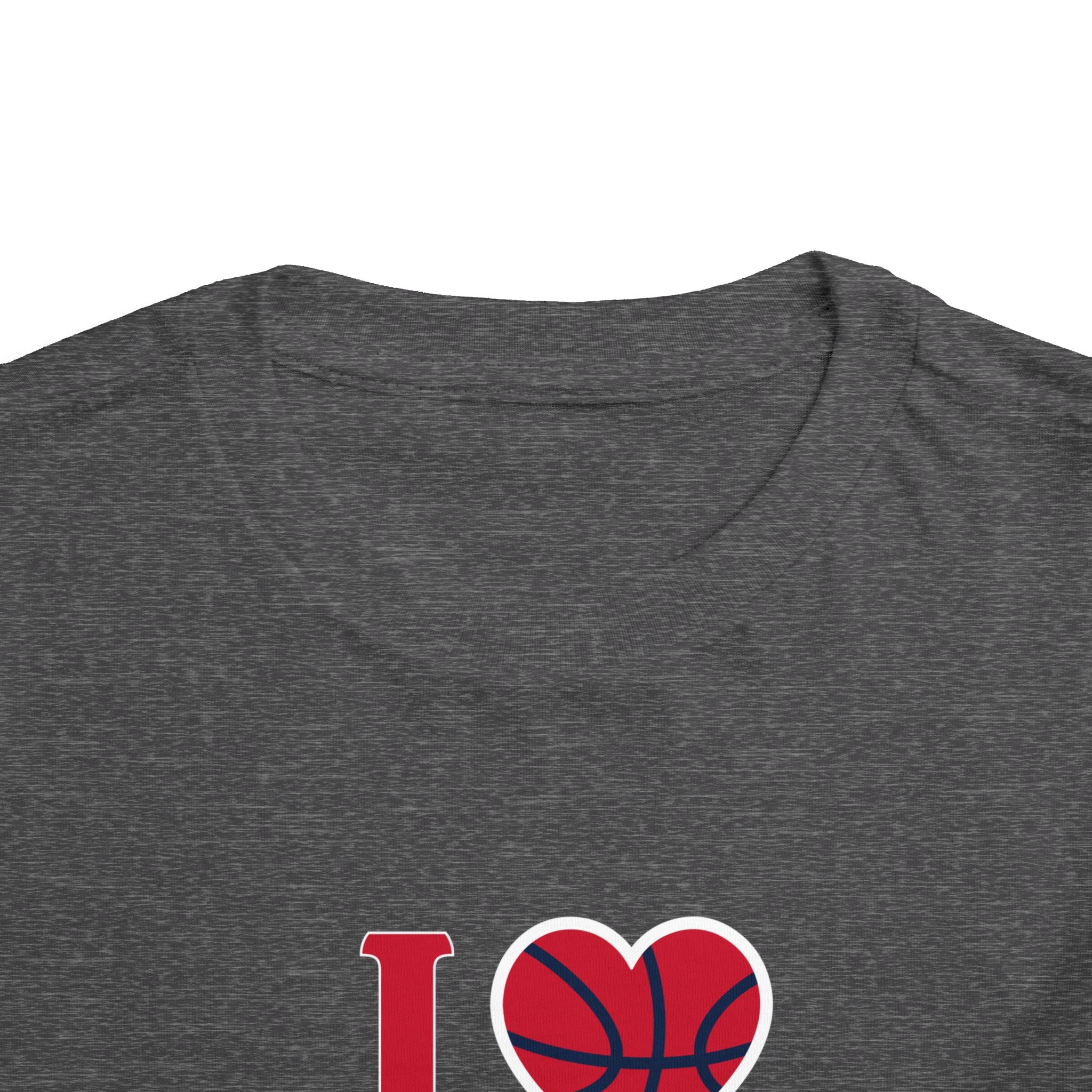 Up close shot of I love Caitlin Clark kids tee in dark grey heather