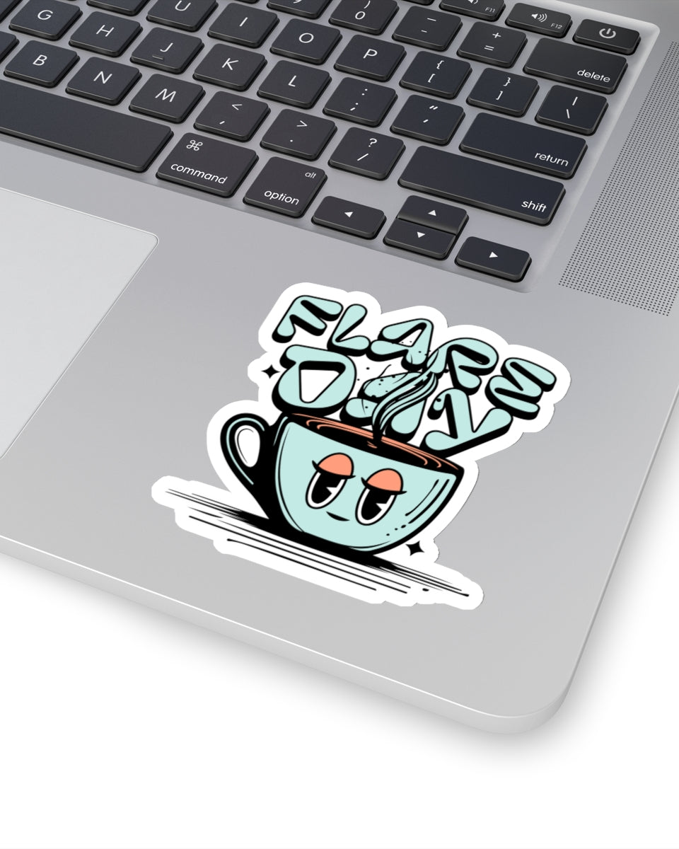 3 inch tired mug flare day sticker on laptop