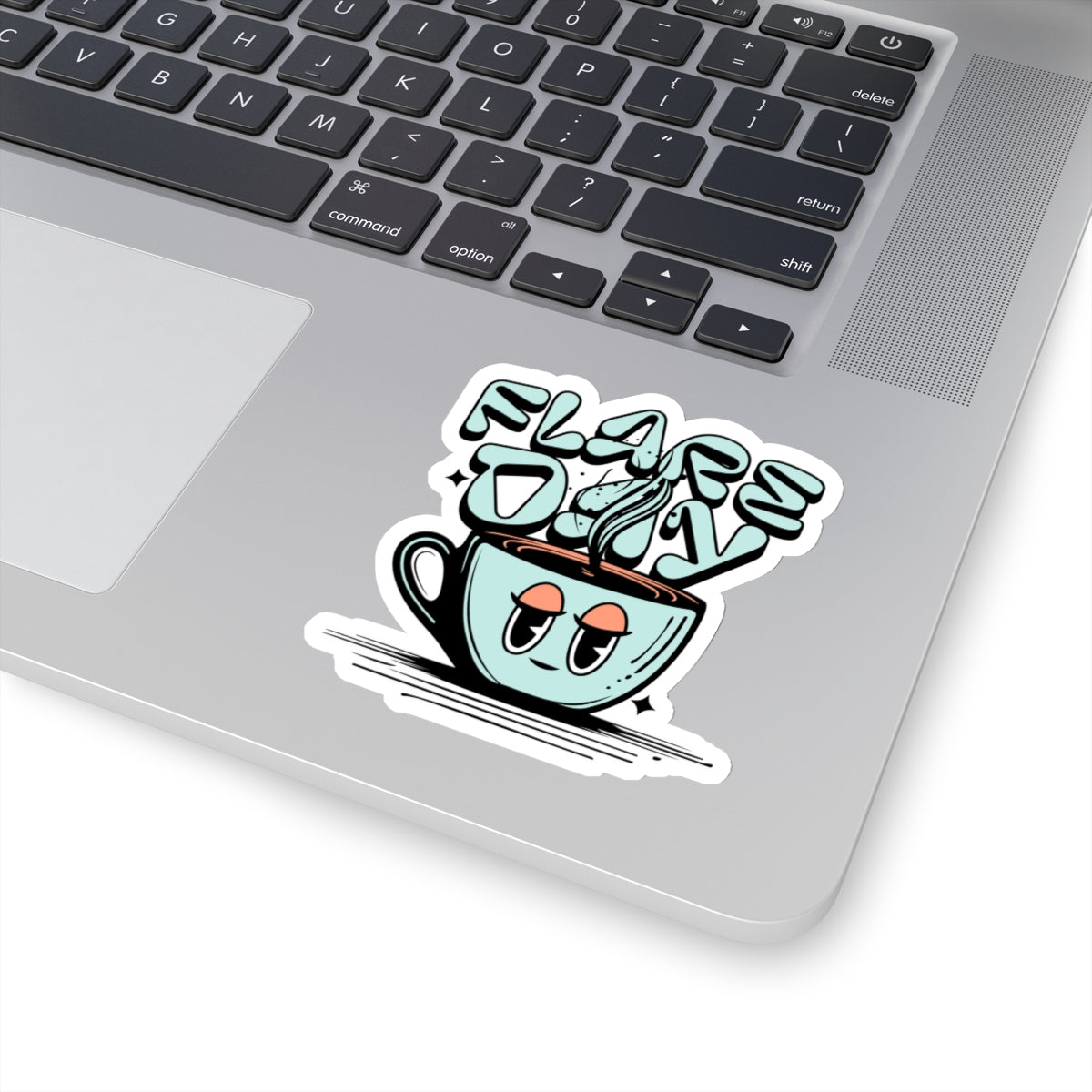 3 inch tired mug flare day sticker on laptop