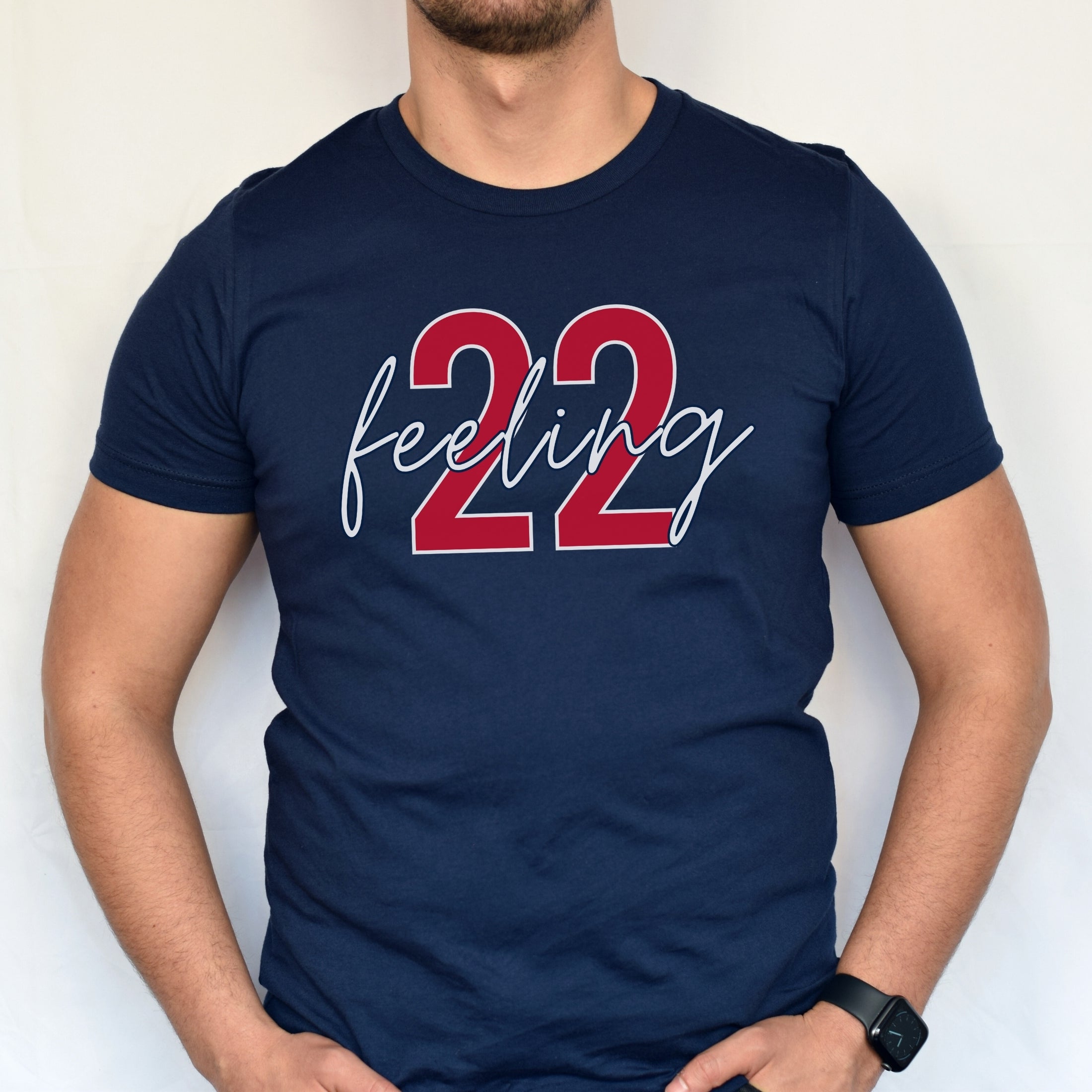 Man wearing navy feeling 22 t-shirt