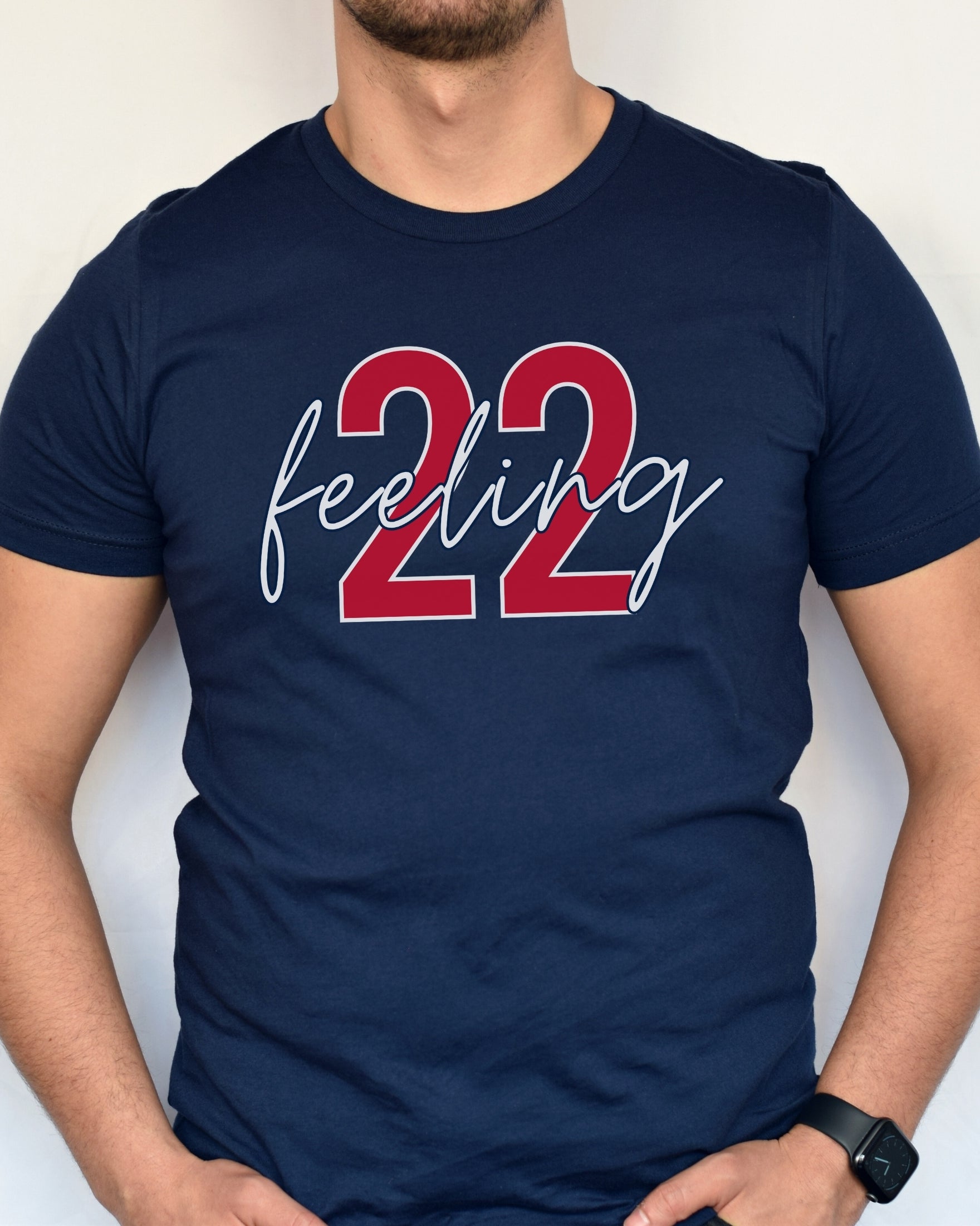 Man wearing navy feeling 22 t-shirt