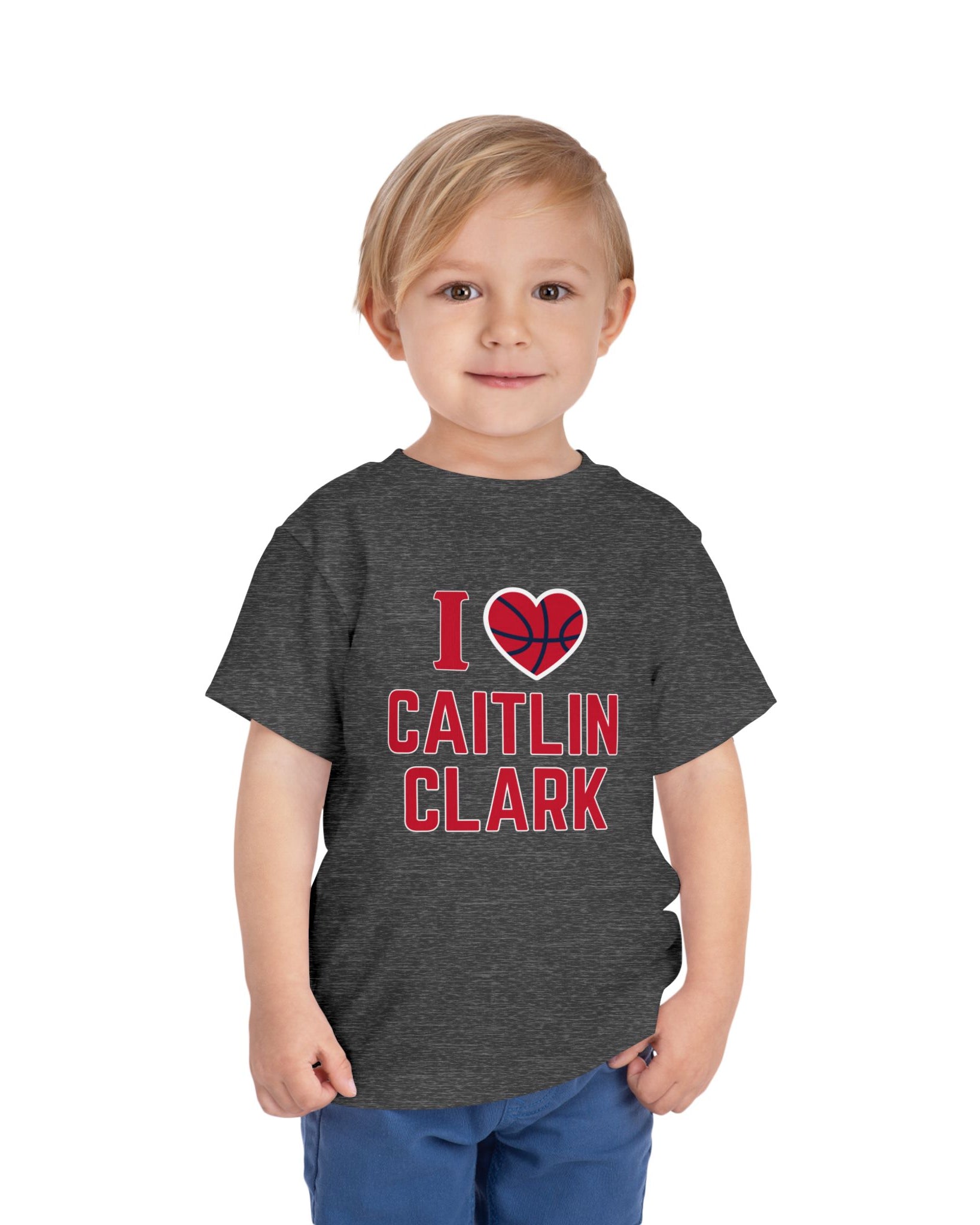 Little boy wearing I love Caitlin Clark t-shirt in dark grey heather