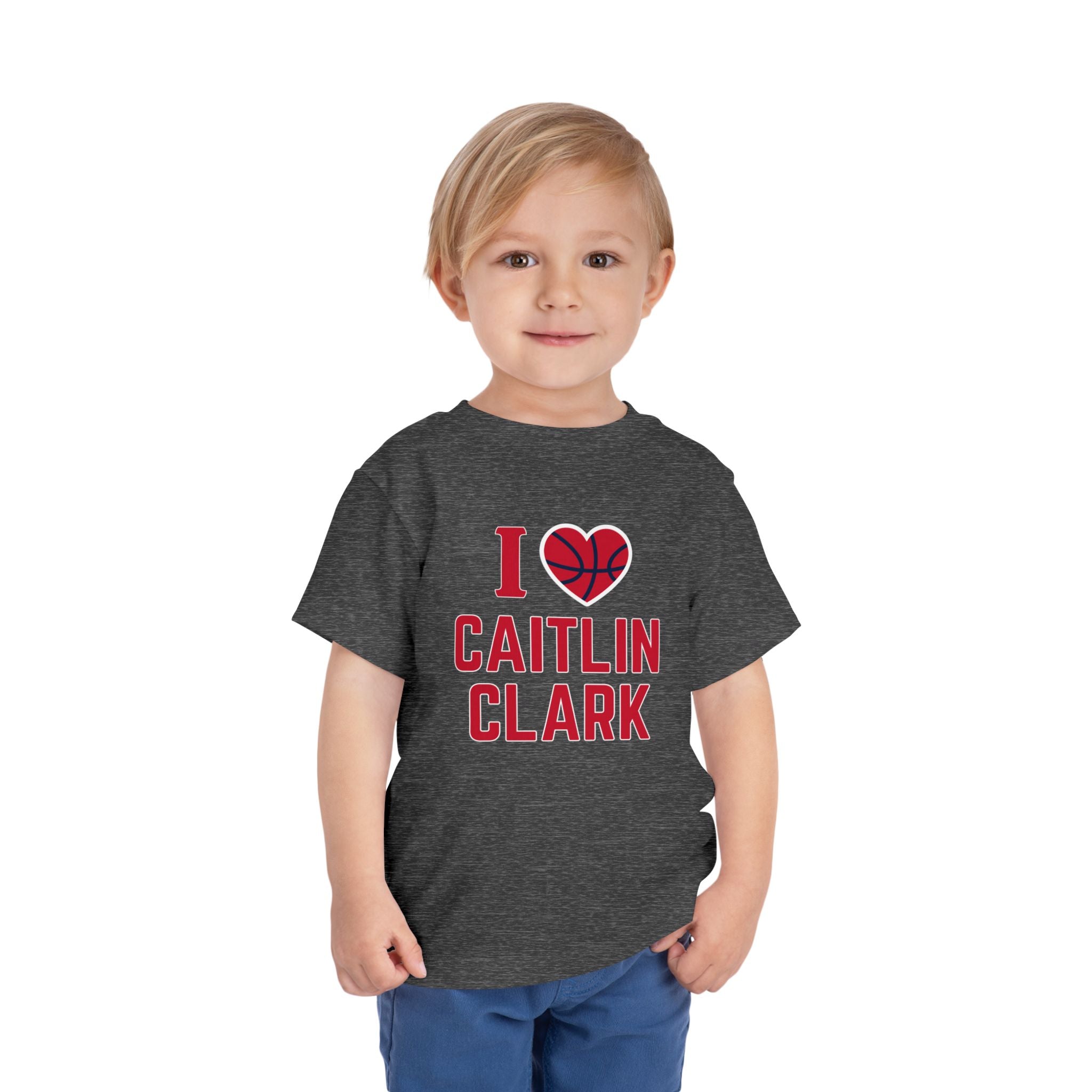 Little boy wearing I love Caitlin Clark t-shirt in dark grey heather