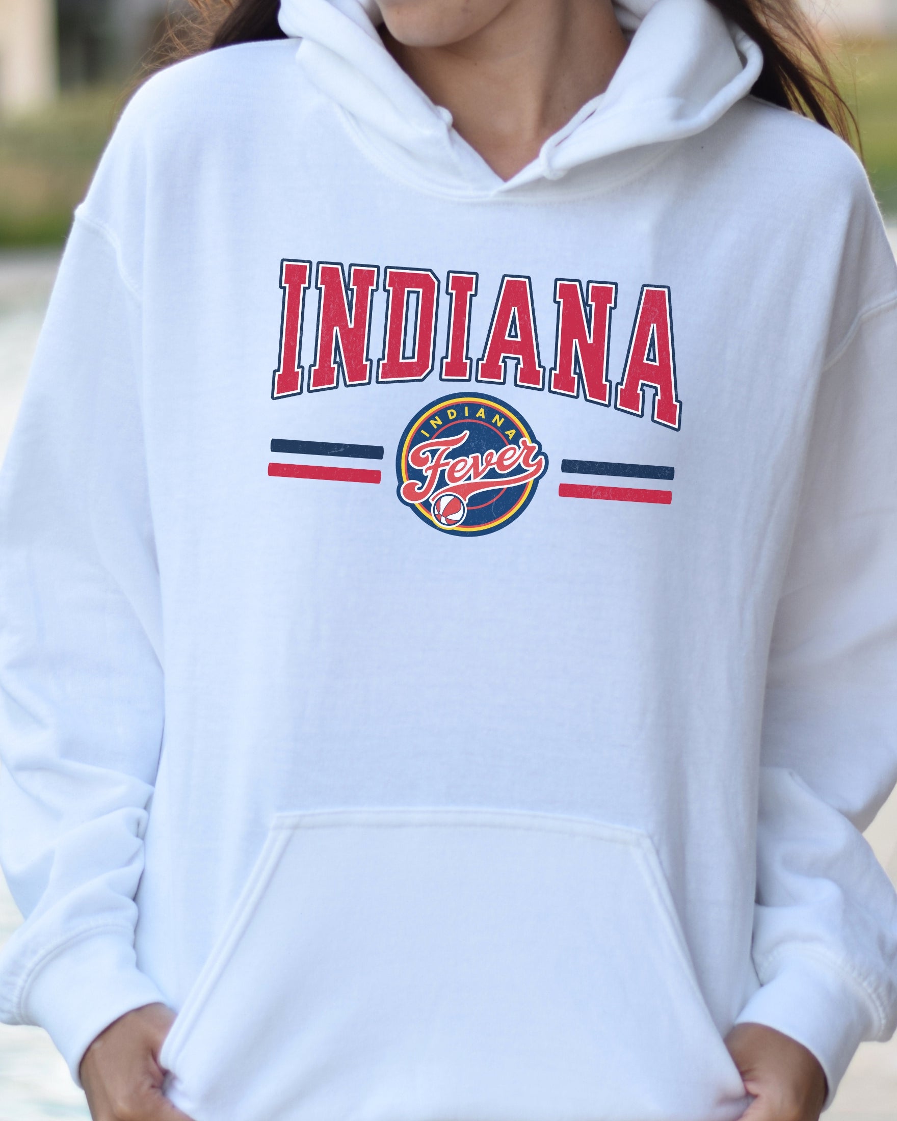 Girl wearing white Indiana Fever Hoodie Sweatshirt