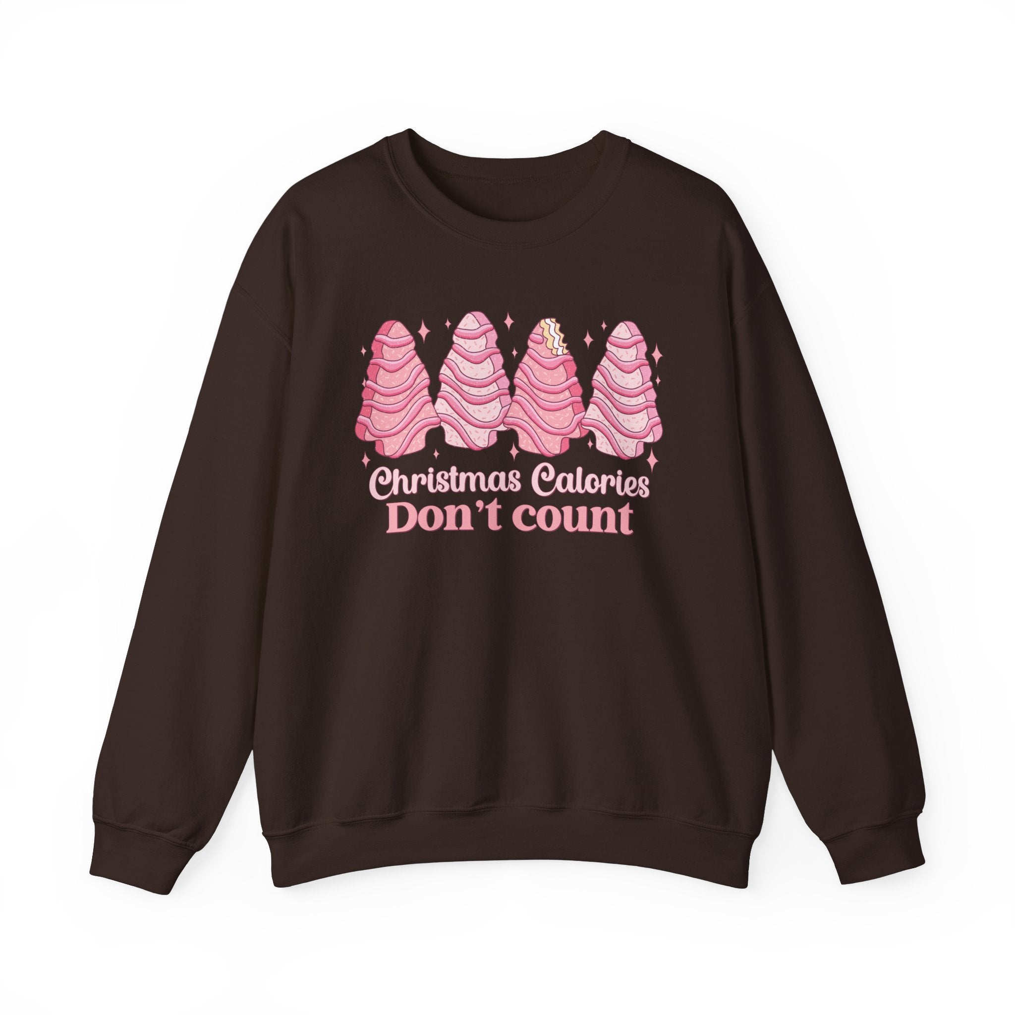 Chocolate brown sweatshirt with pink Christmas tree cakes on it