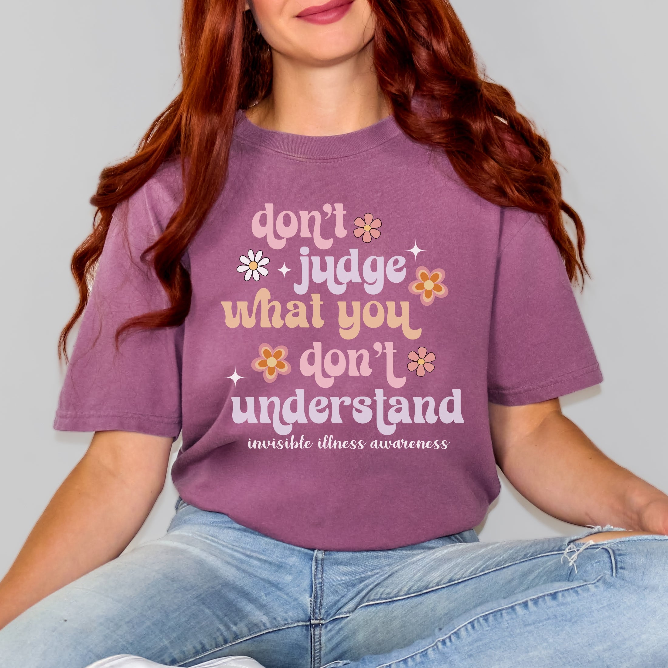 Girl wearing Comfort Colors invisible illness awareness shirt in berry