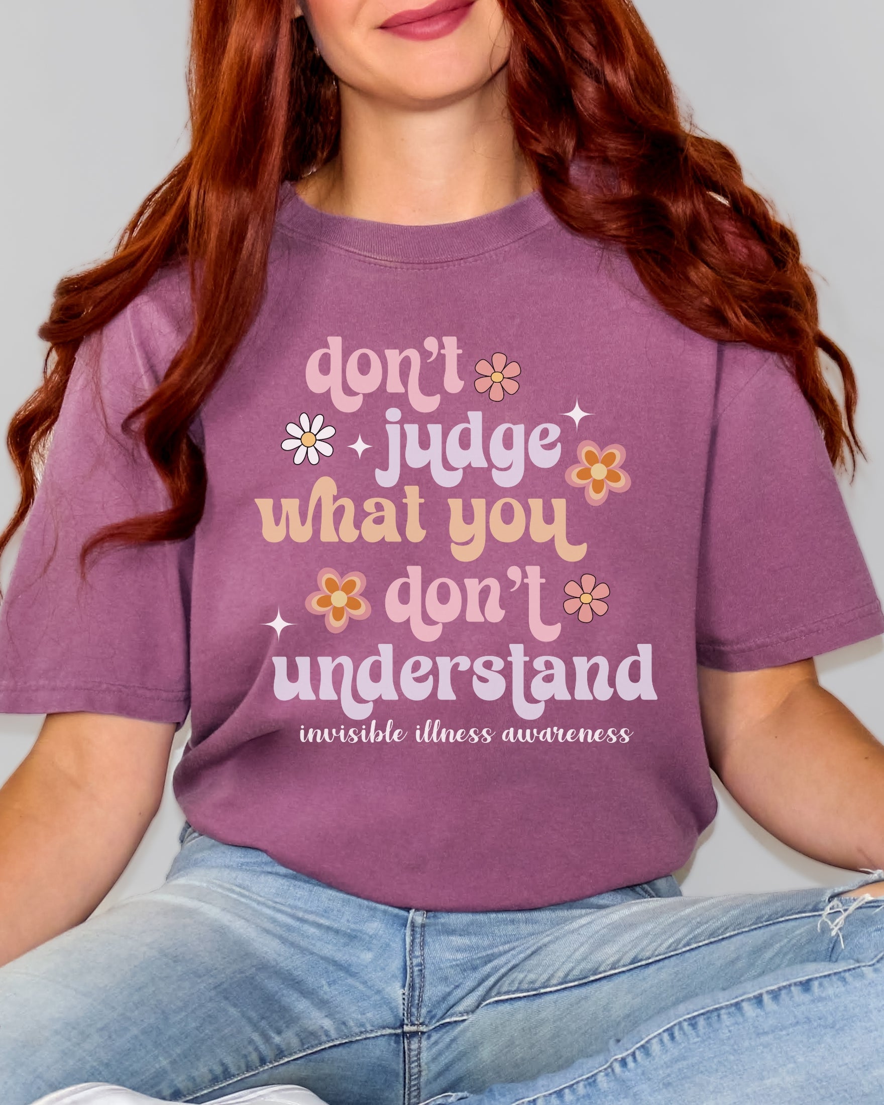 Girl wearing Comfort Colors invisible illness awareness shirt in berry