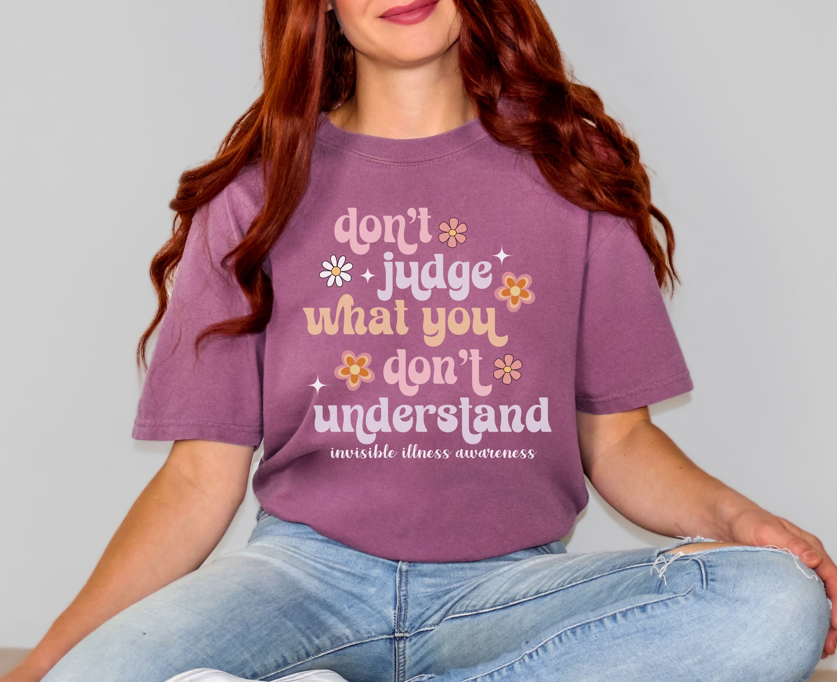 Girl wearing Comfort Colors invisible illness awareness shirt in berry