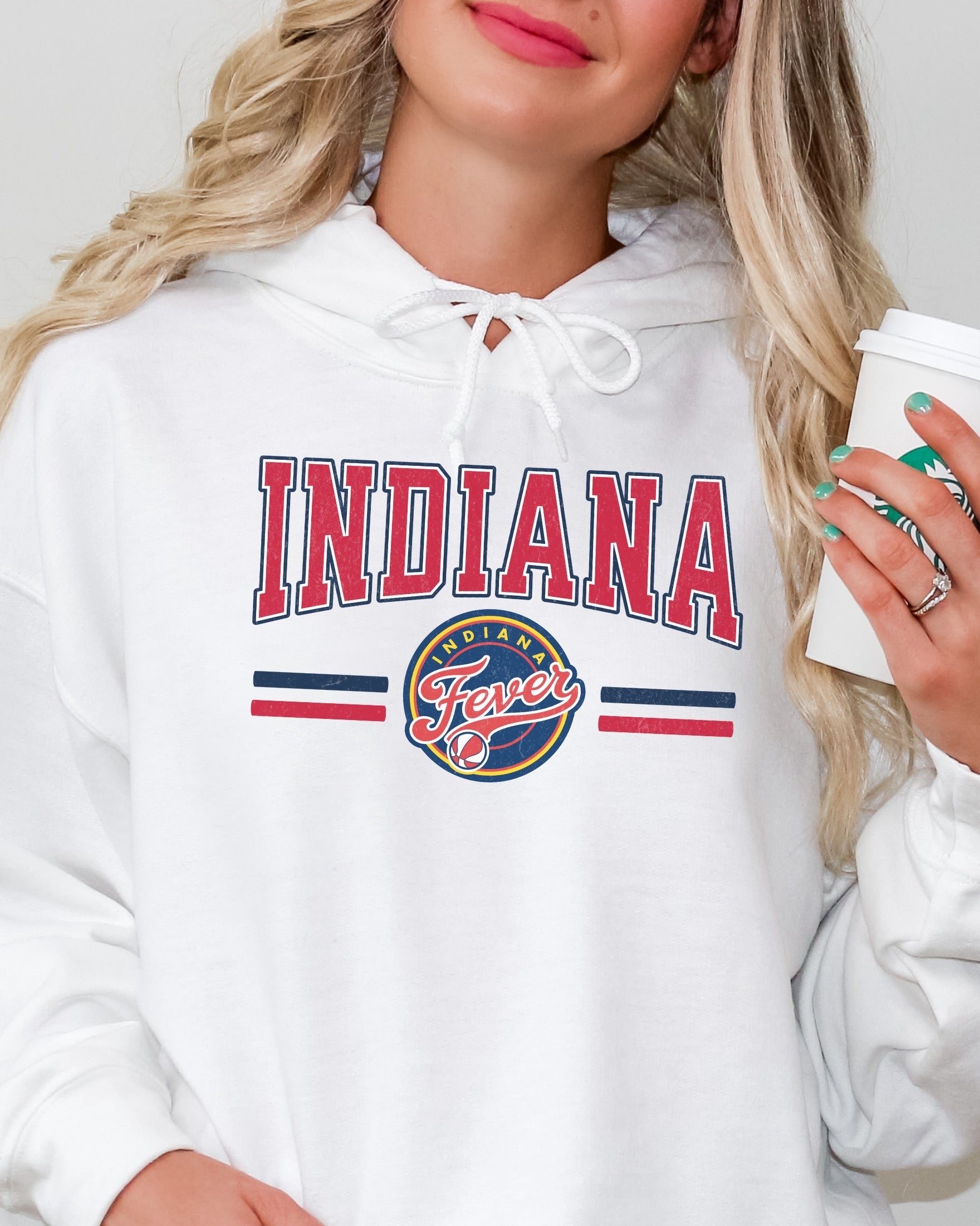 Girl wearing white Indiana Fever Hoodie Sweatshirt