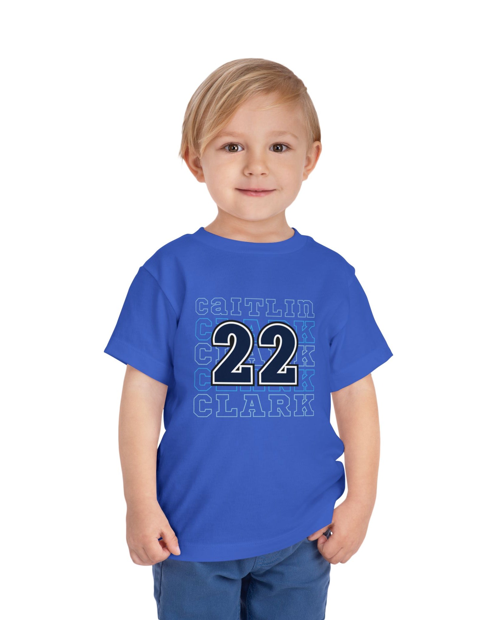 Little boy wearing true royal Caitlin Clark Number 22 Toddler tee