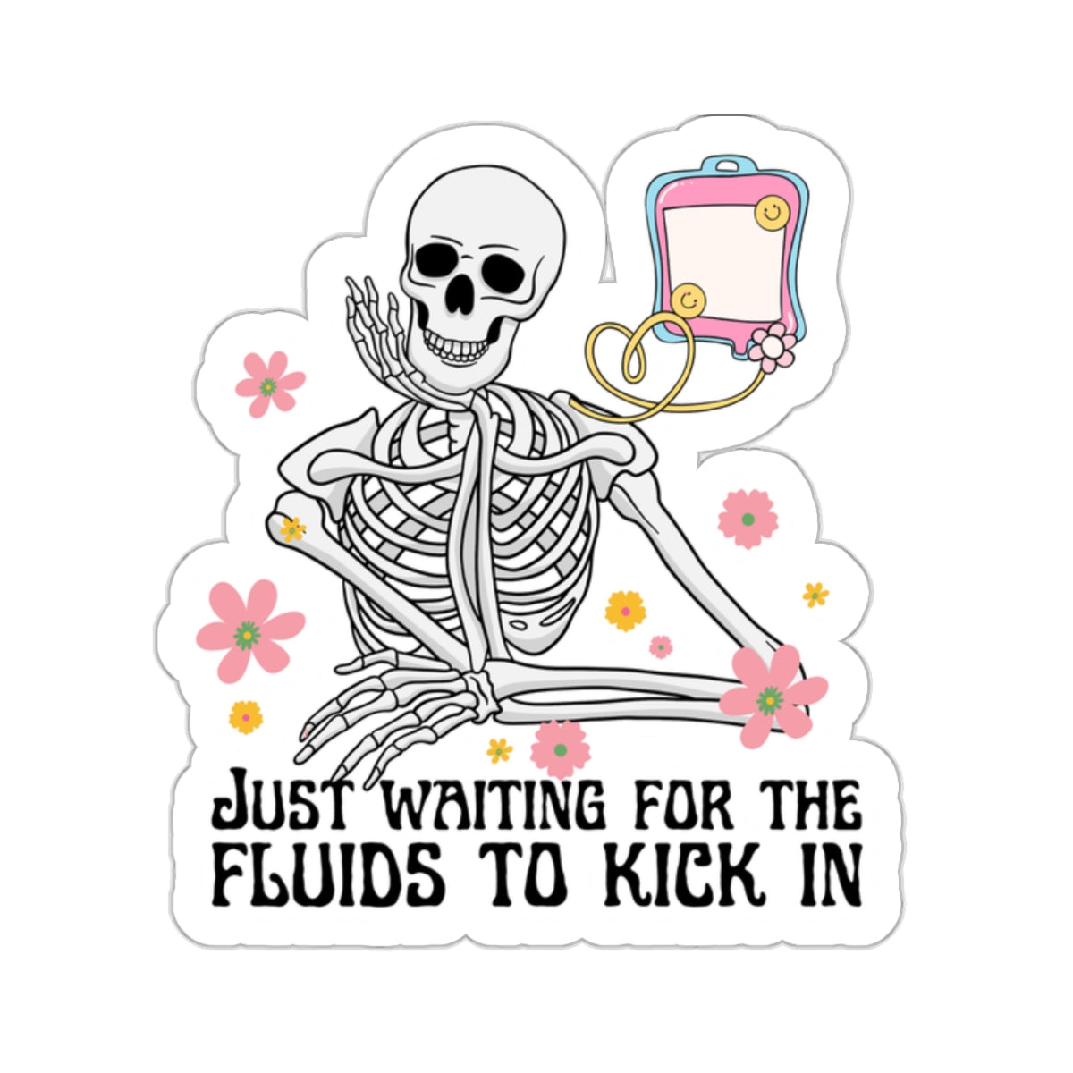 Sticker of skeleton getting fluids through IV bag