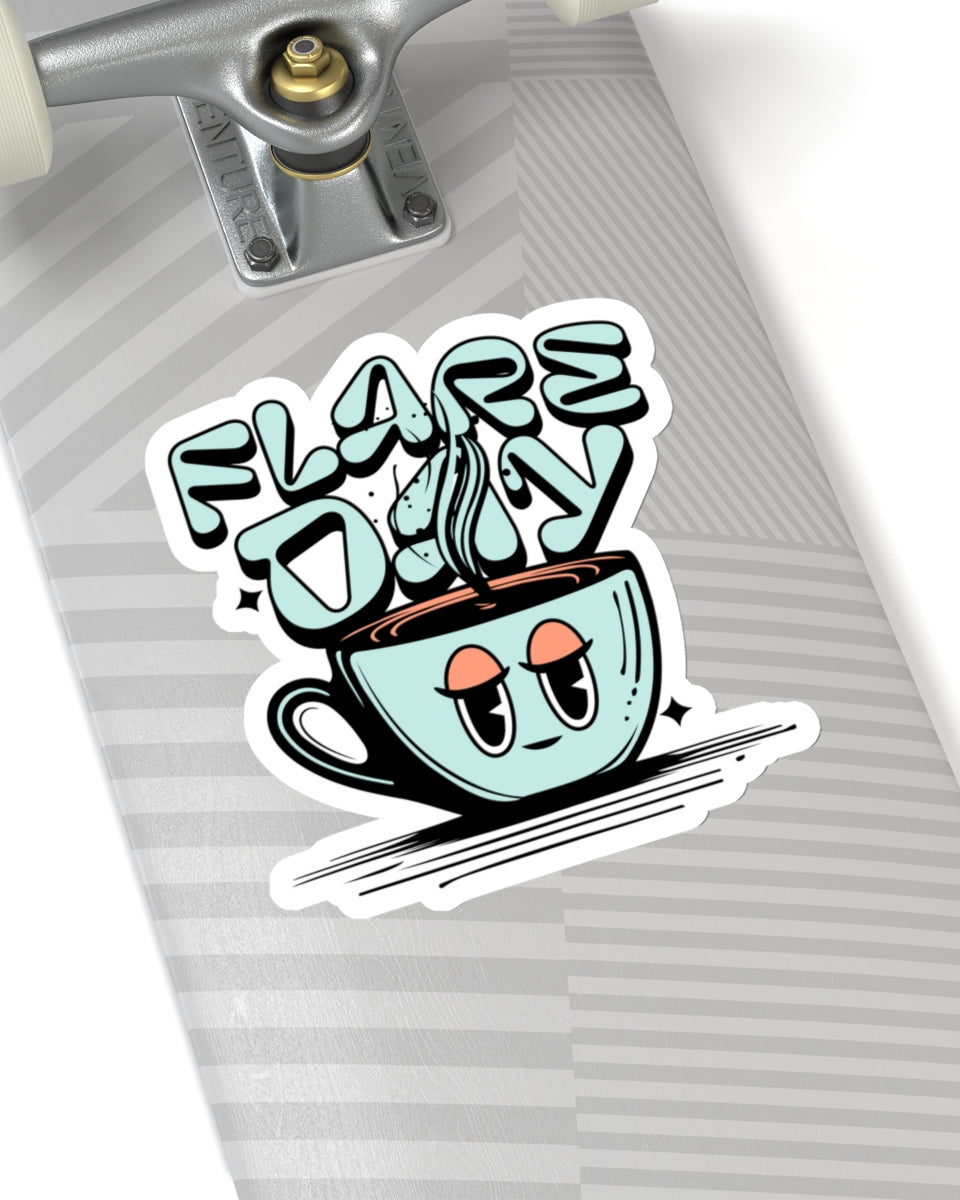 6 inch tired mug flare day sticker on skateboard