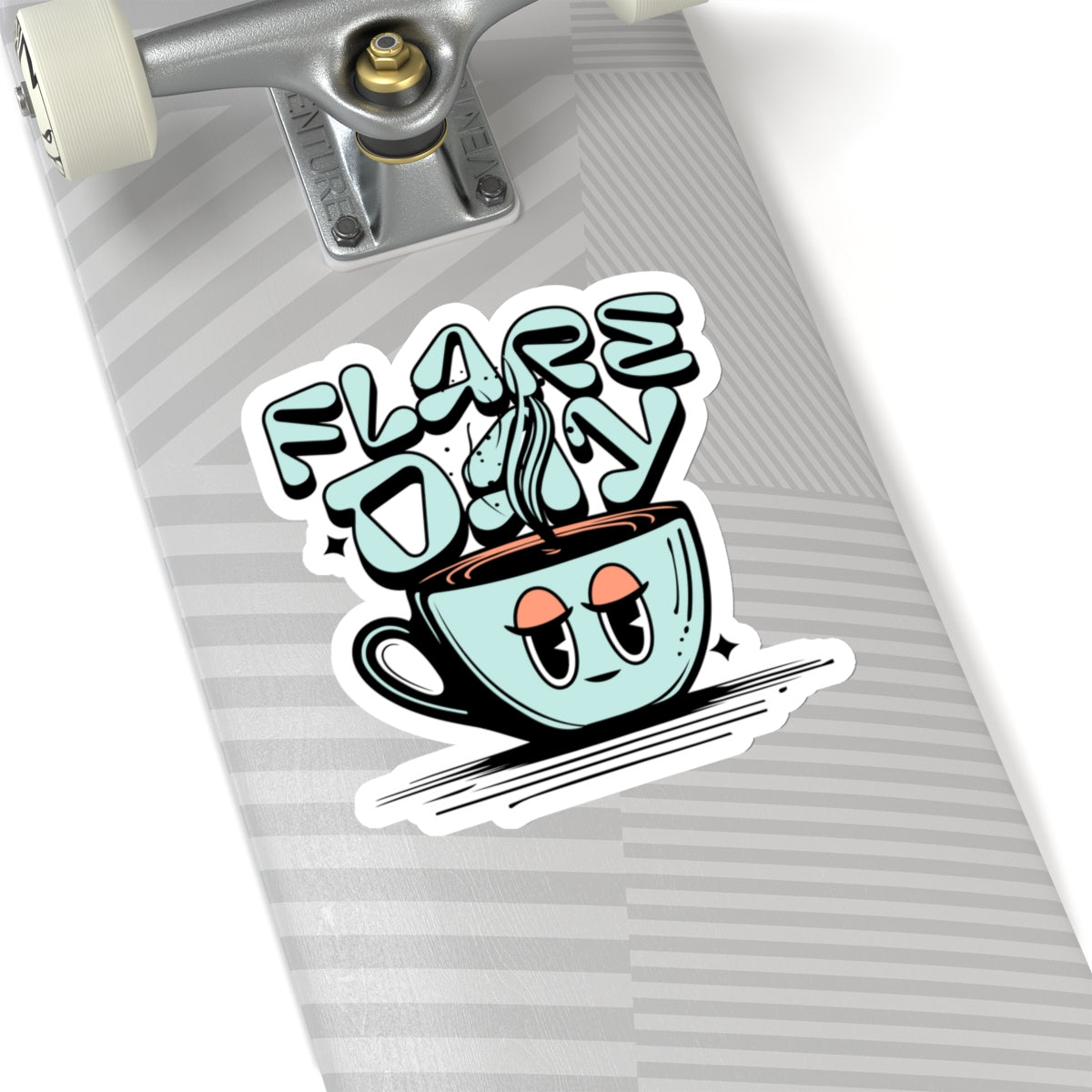 6 inch tired mug flare day sticker on skateboard