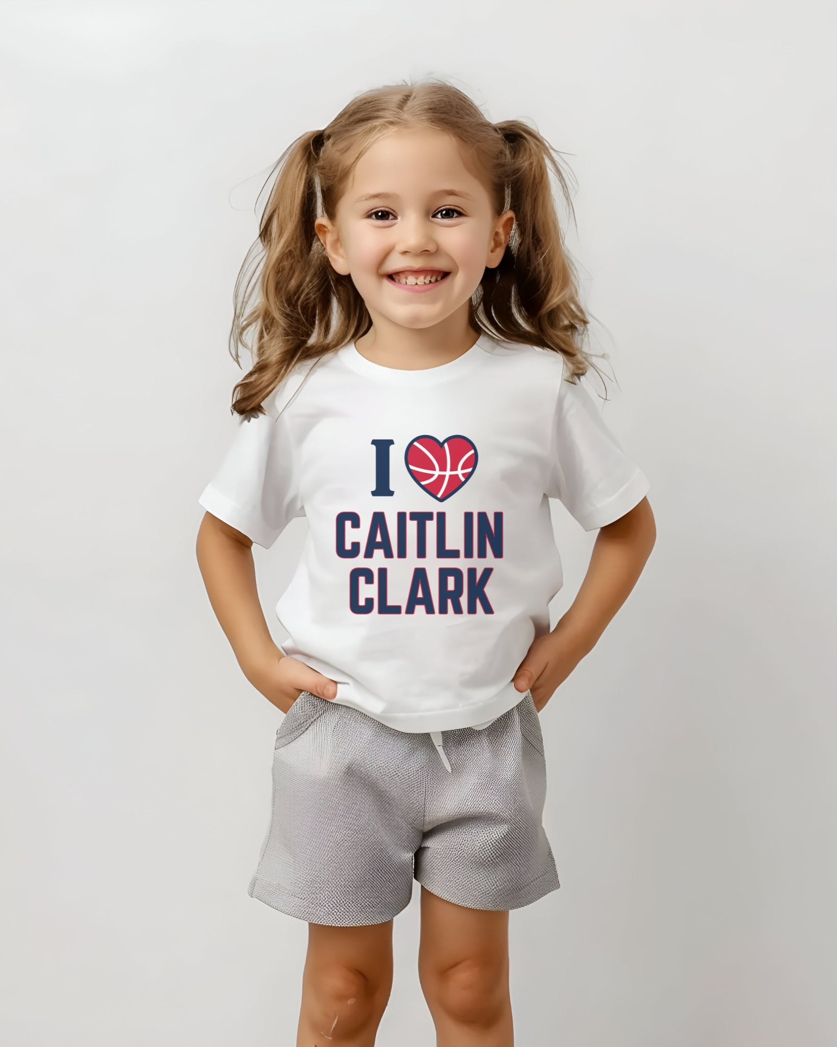 Little girl wearing I love Caitlin Clark t-shirt in white