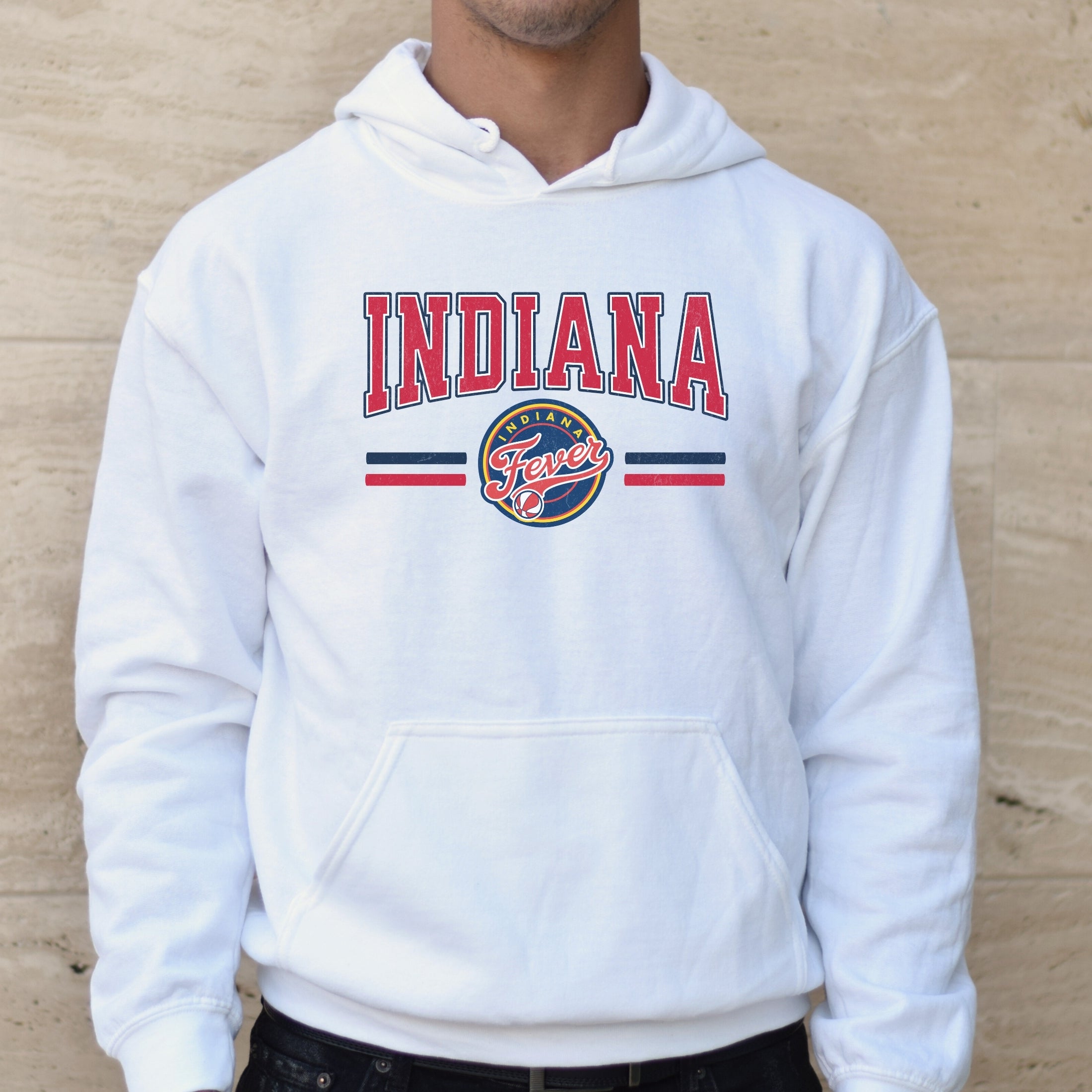 Man wearing white Indiana Fever Hoodie Sweatshirt