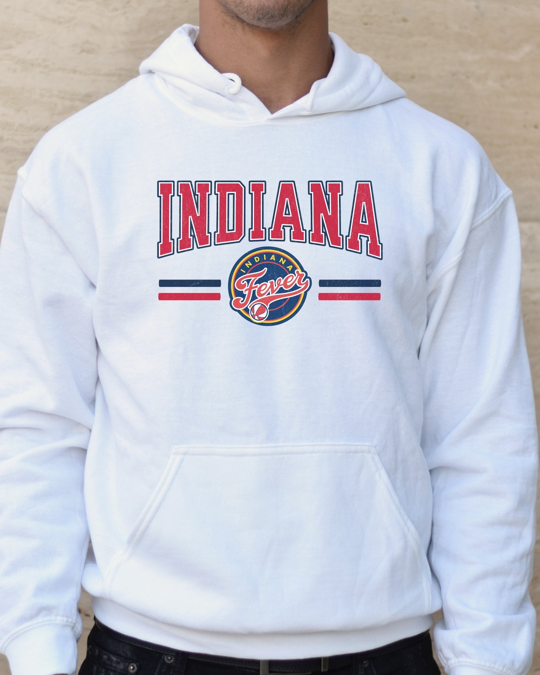 Man wearing white Indiana Fever Hoodie Sweatshirt
