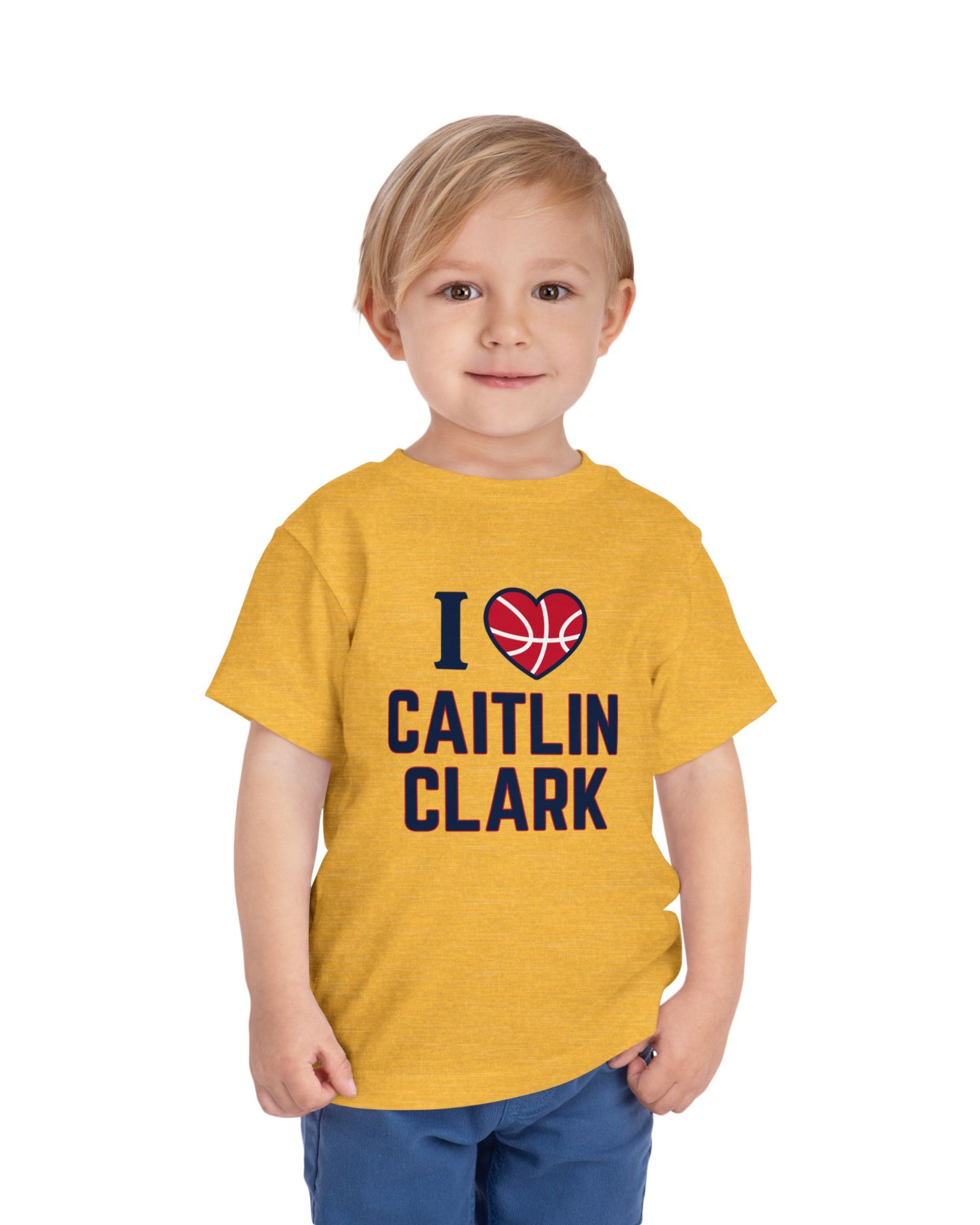 Little boy wearing I love Caitlin Clark heather yellow gold t-shirt