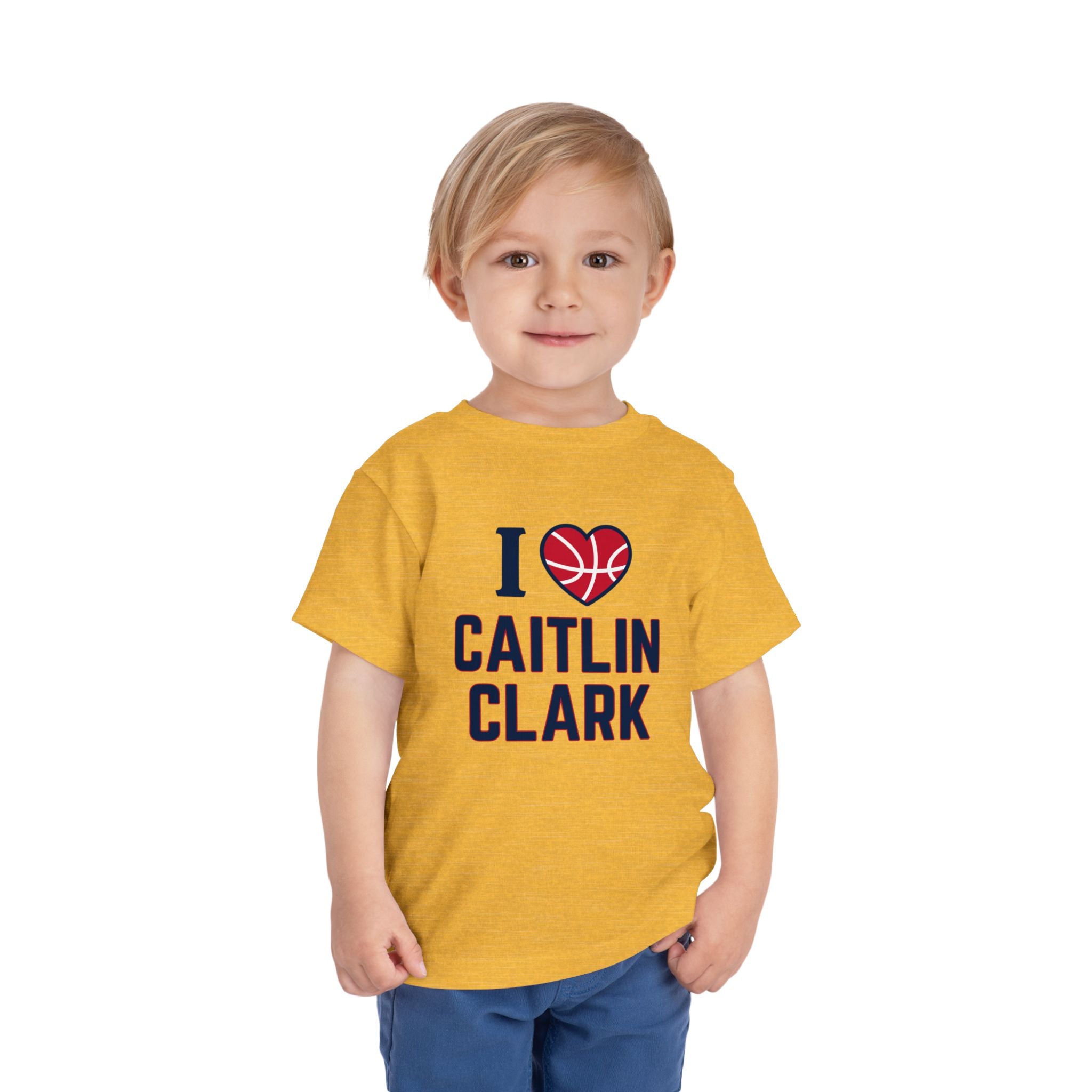 Little boy wearing I love Caitlin Clark heather yellow gold t-shirt