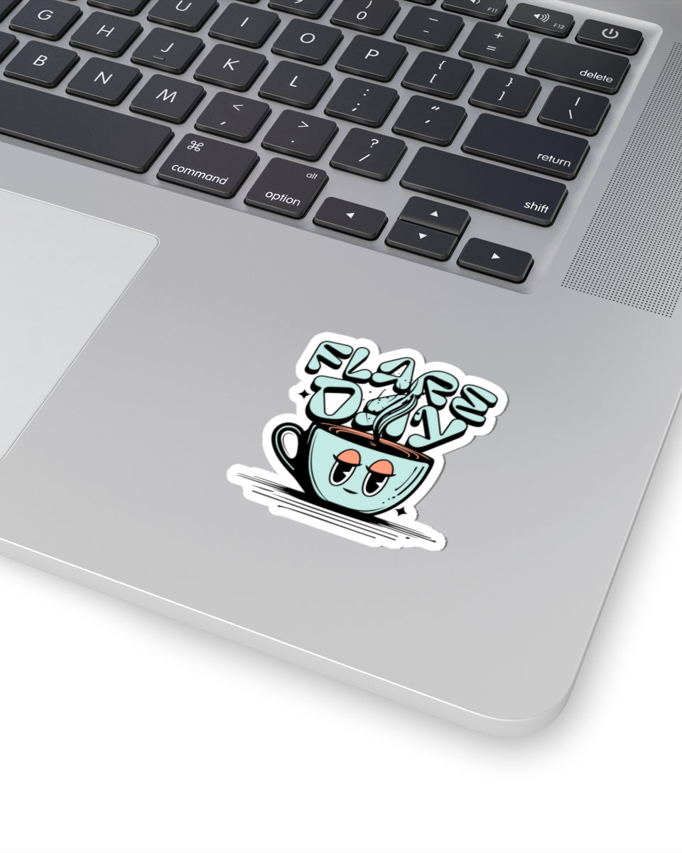 2 inch tired mug flare day sticker on laptop