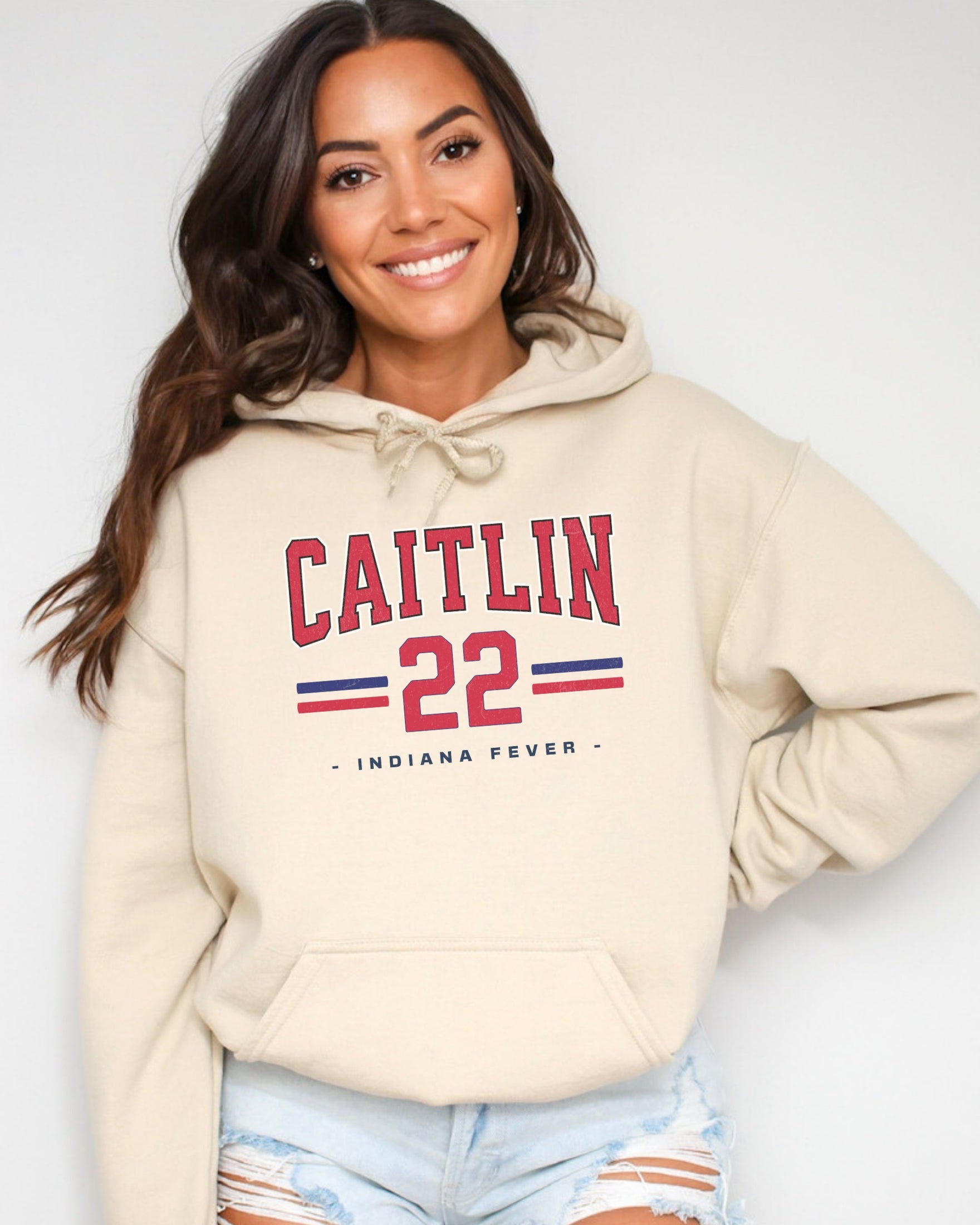 Woman wearing sand Caitlin Clark 22 Hoodie