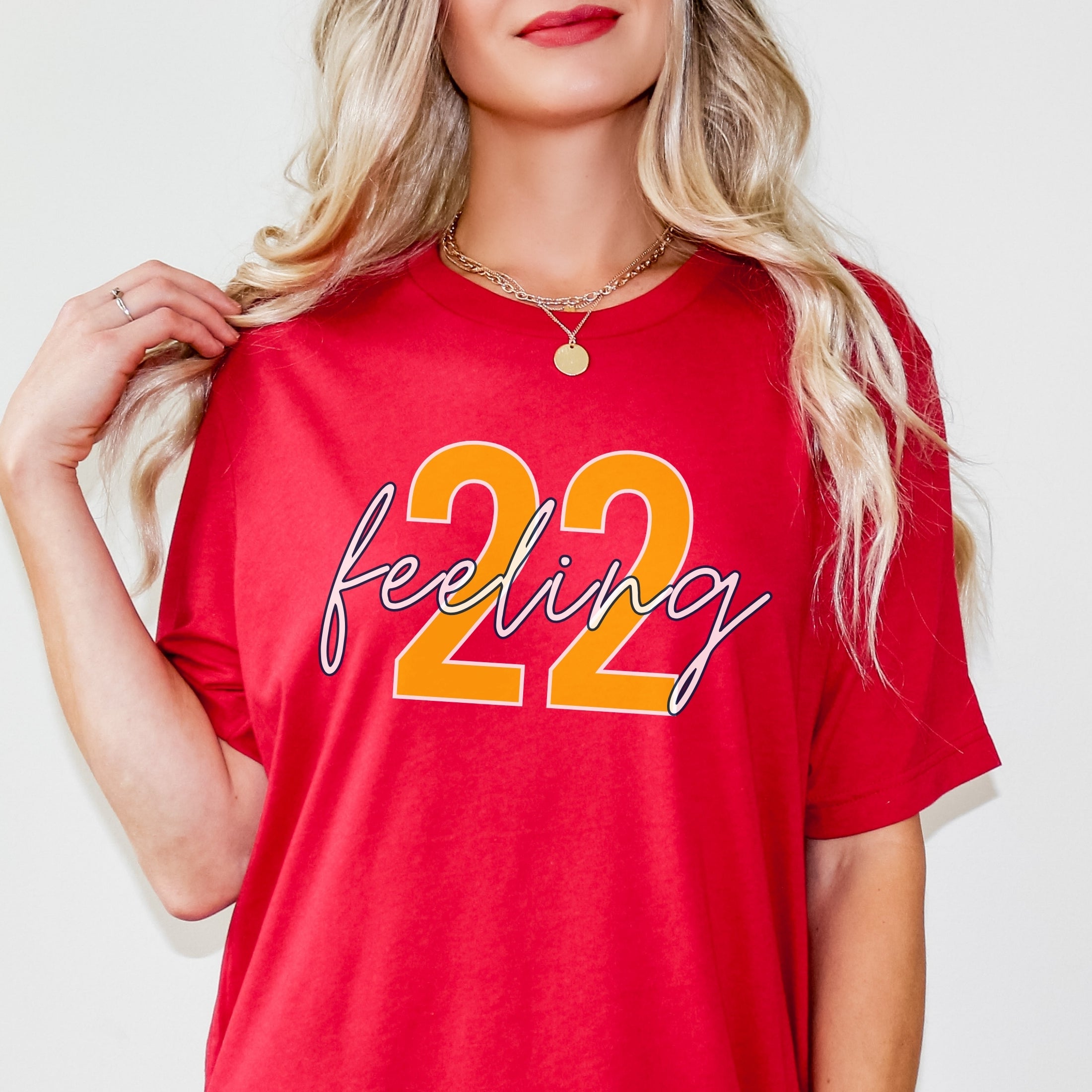 Woman wearing red feeling 22 t-shirt
