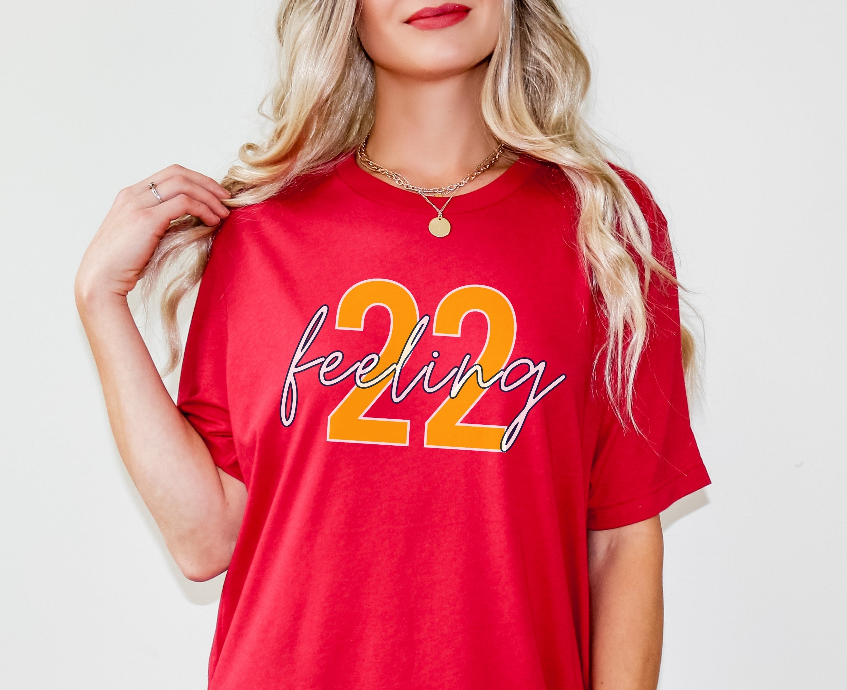Woman wearing red feeling 22 t-shirt