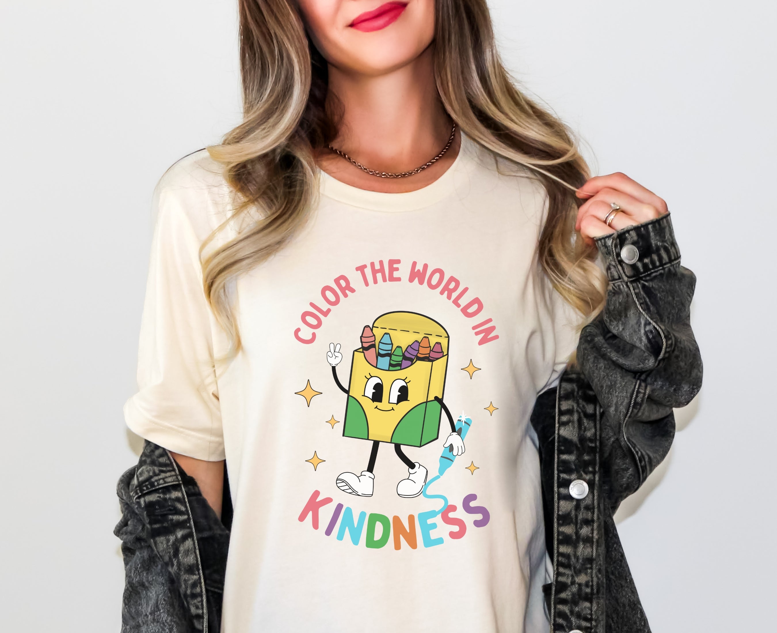 Teacher wearing Natural retro crayon box kindness shirt