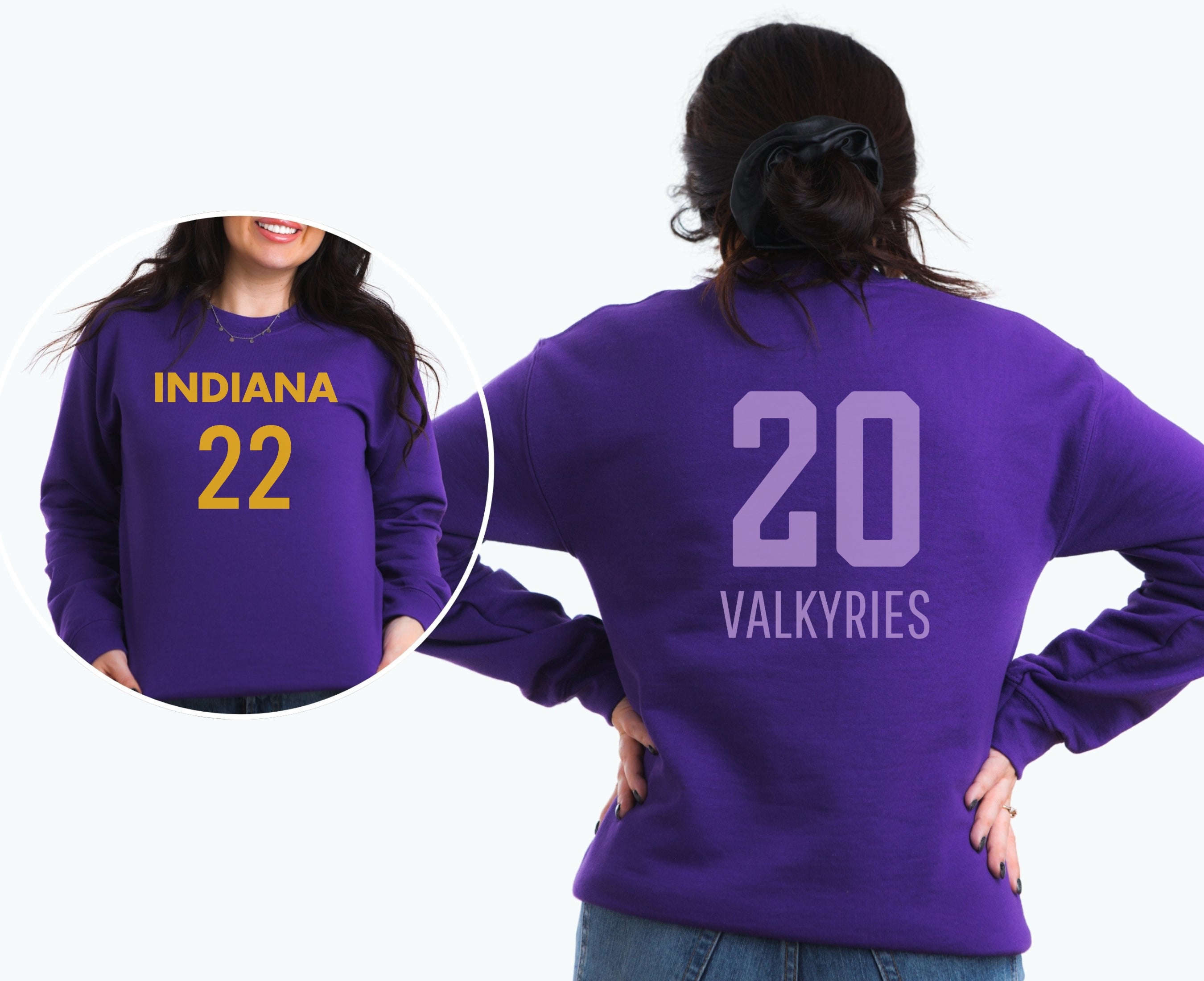 Girl wearing team purple sweatshirt with Indiana 22 on front and Valkyries 20 on back