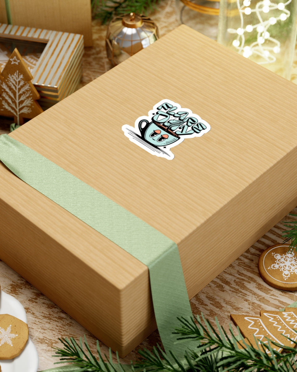 2 inch tired mug flare day sticker on box