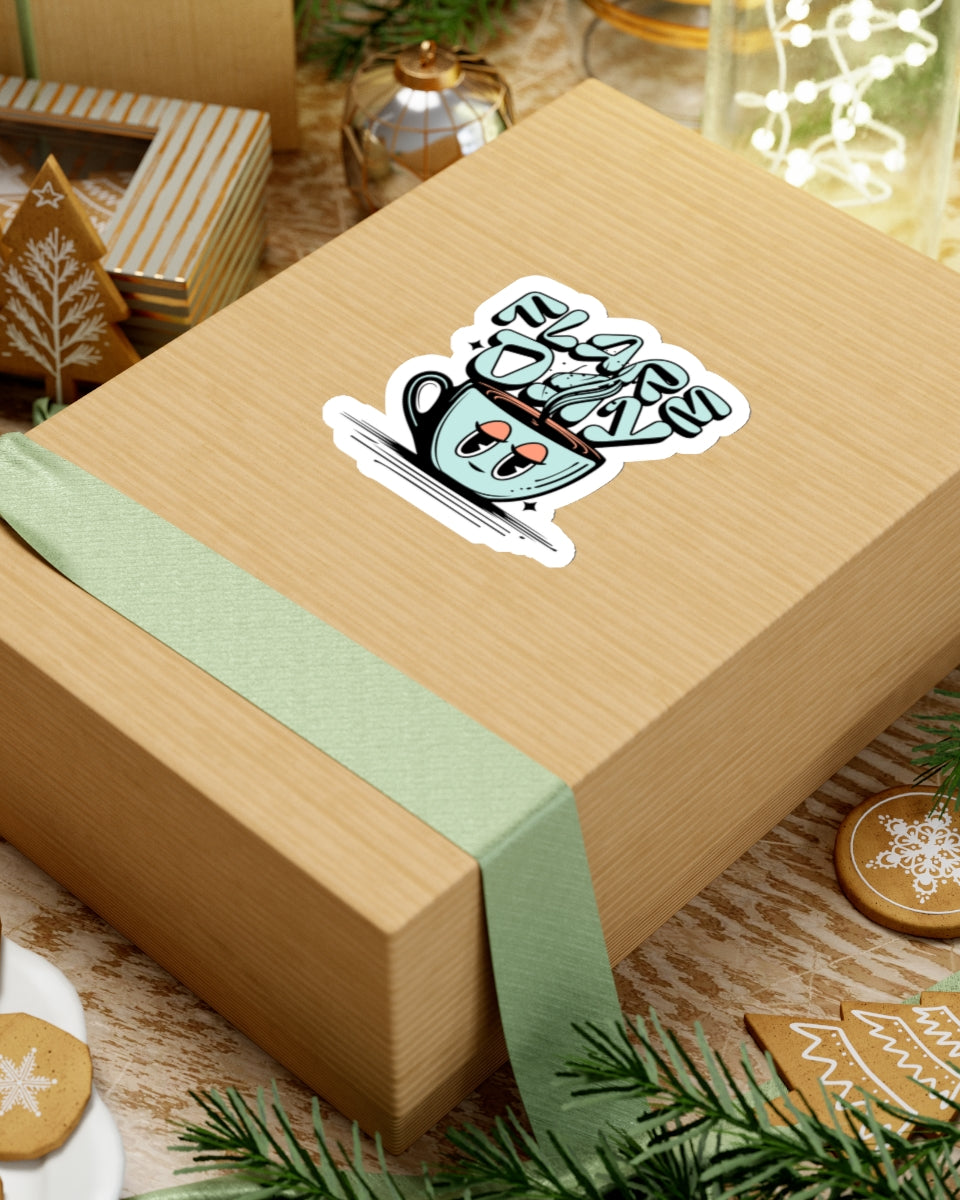 3 inch tired mug flare day sticker on box