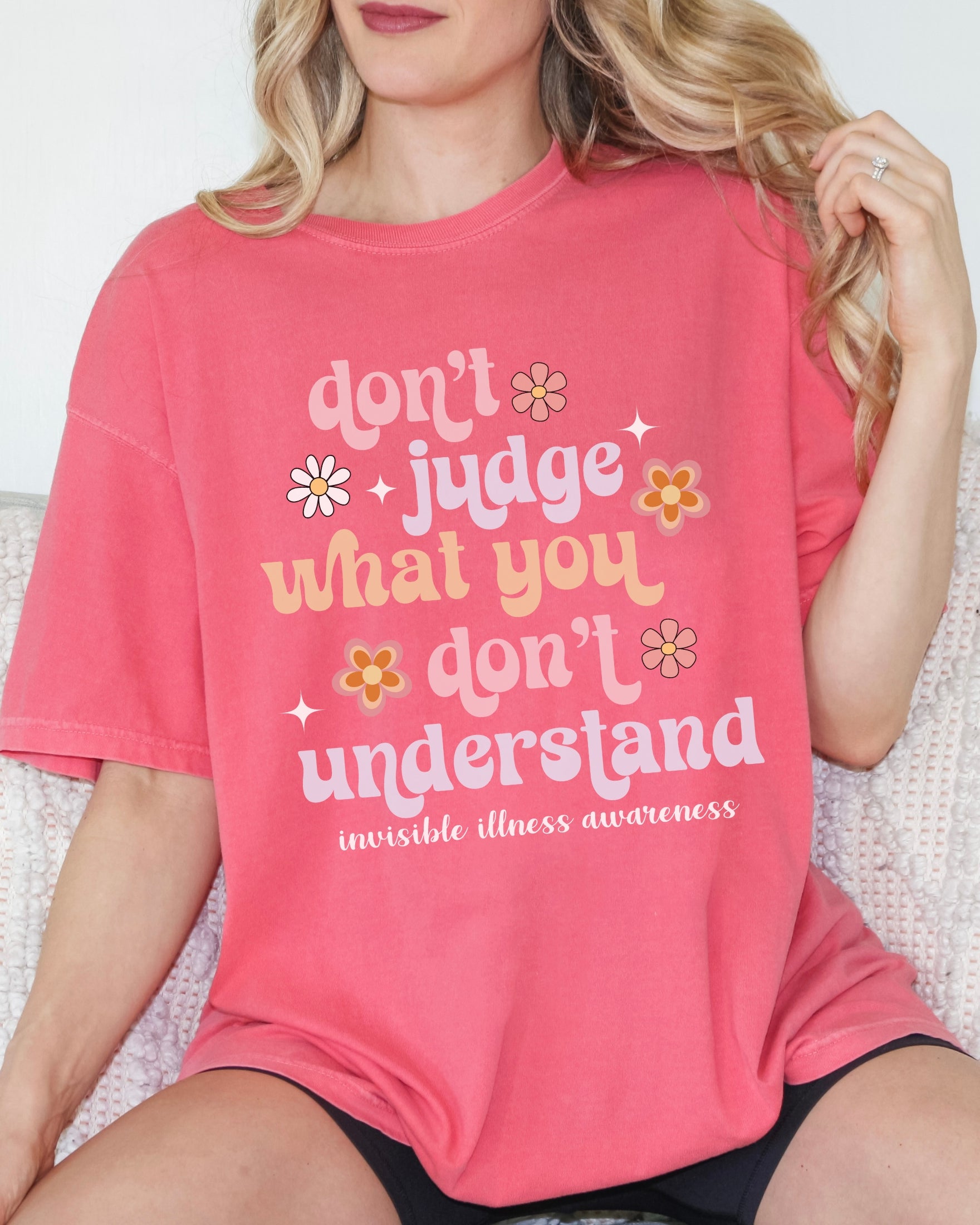 Girl wearing Comfort Colors invisible illness awareness shirt in watermelon