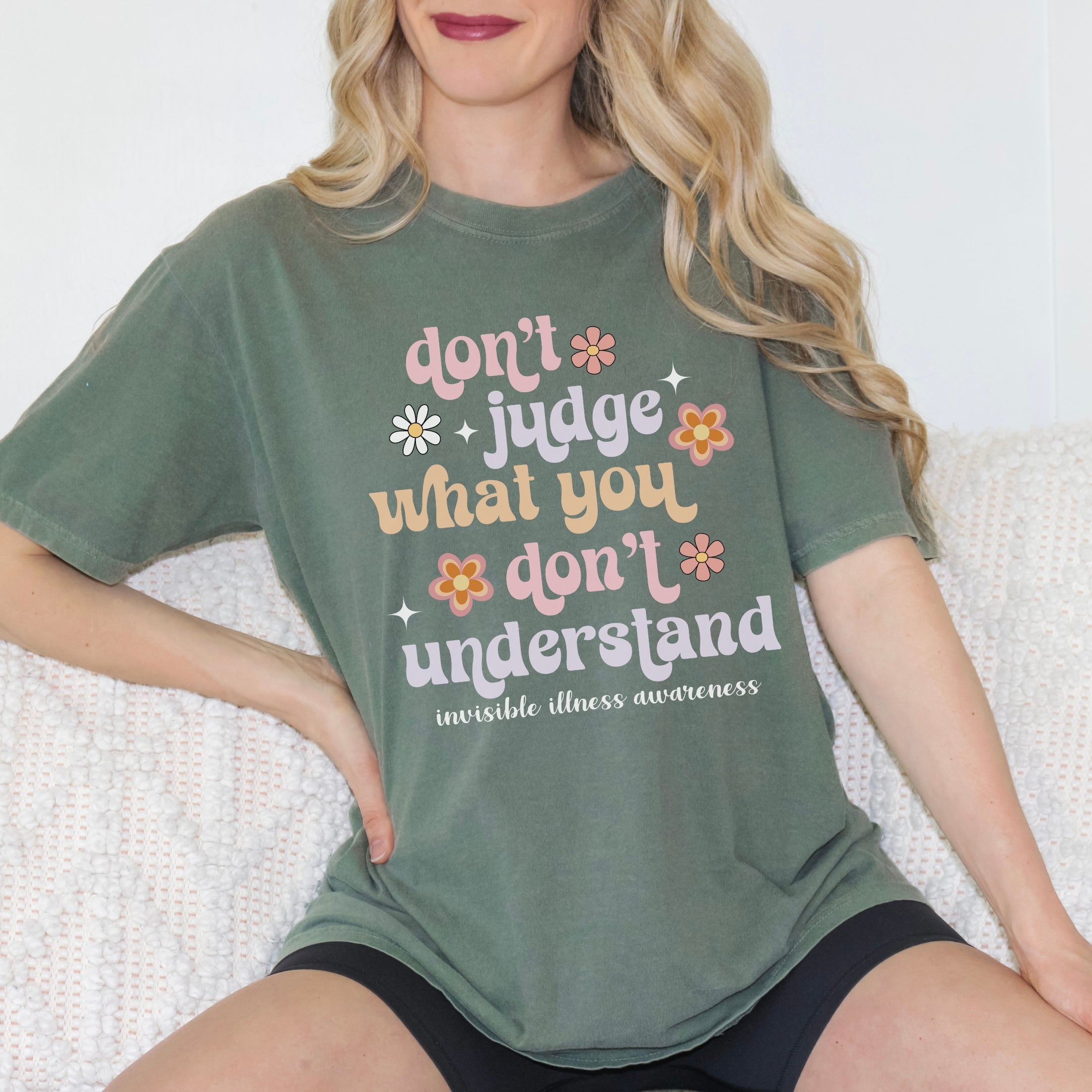 Girl wearing Comfort Colors invisible illness awareness shirt in moss