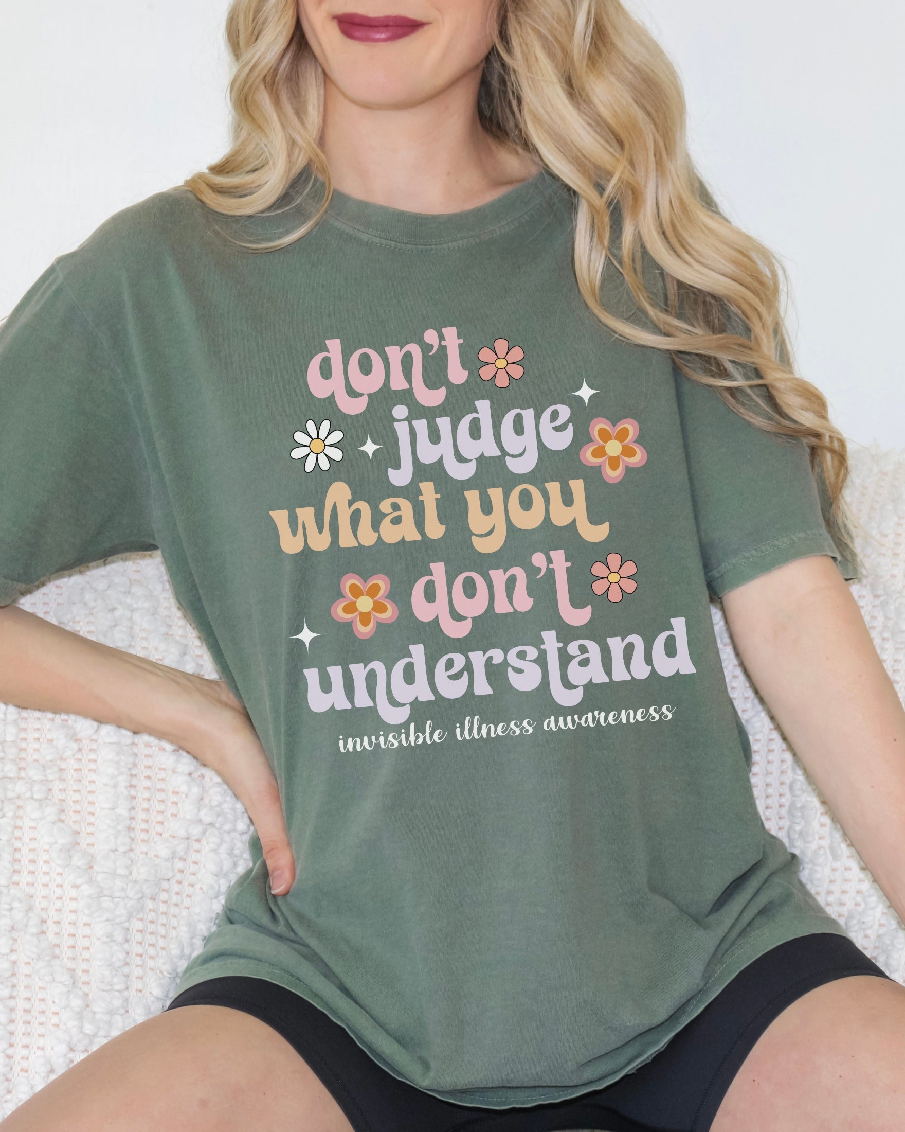 Girl wearing Comfort Colors invisible illness awareness shirt in moss
