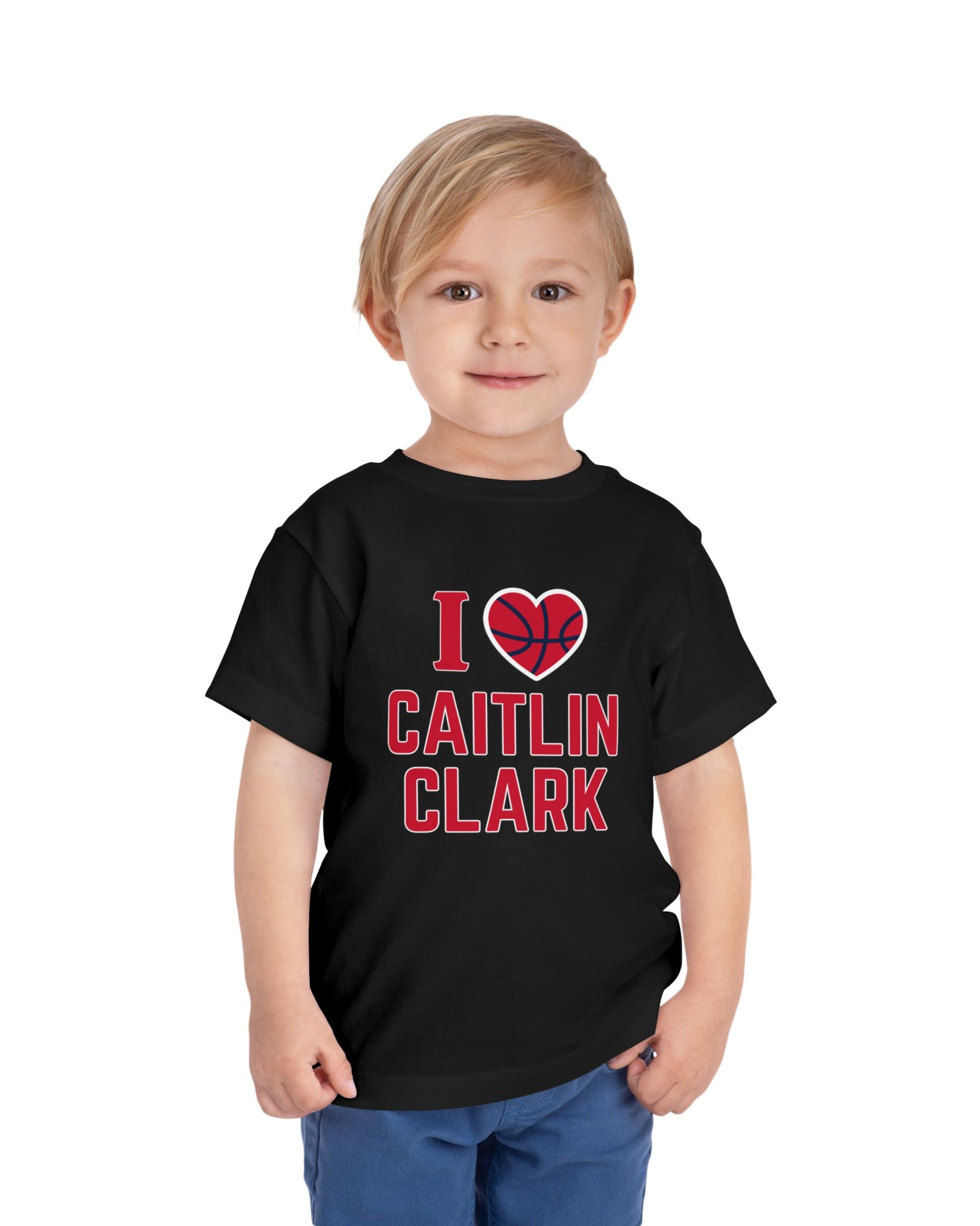 Little boy wearing black I love Caitlin Clark t-shirt