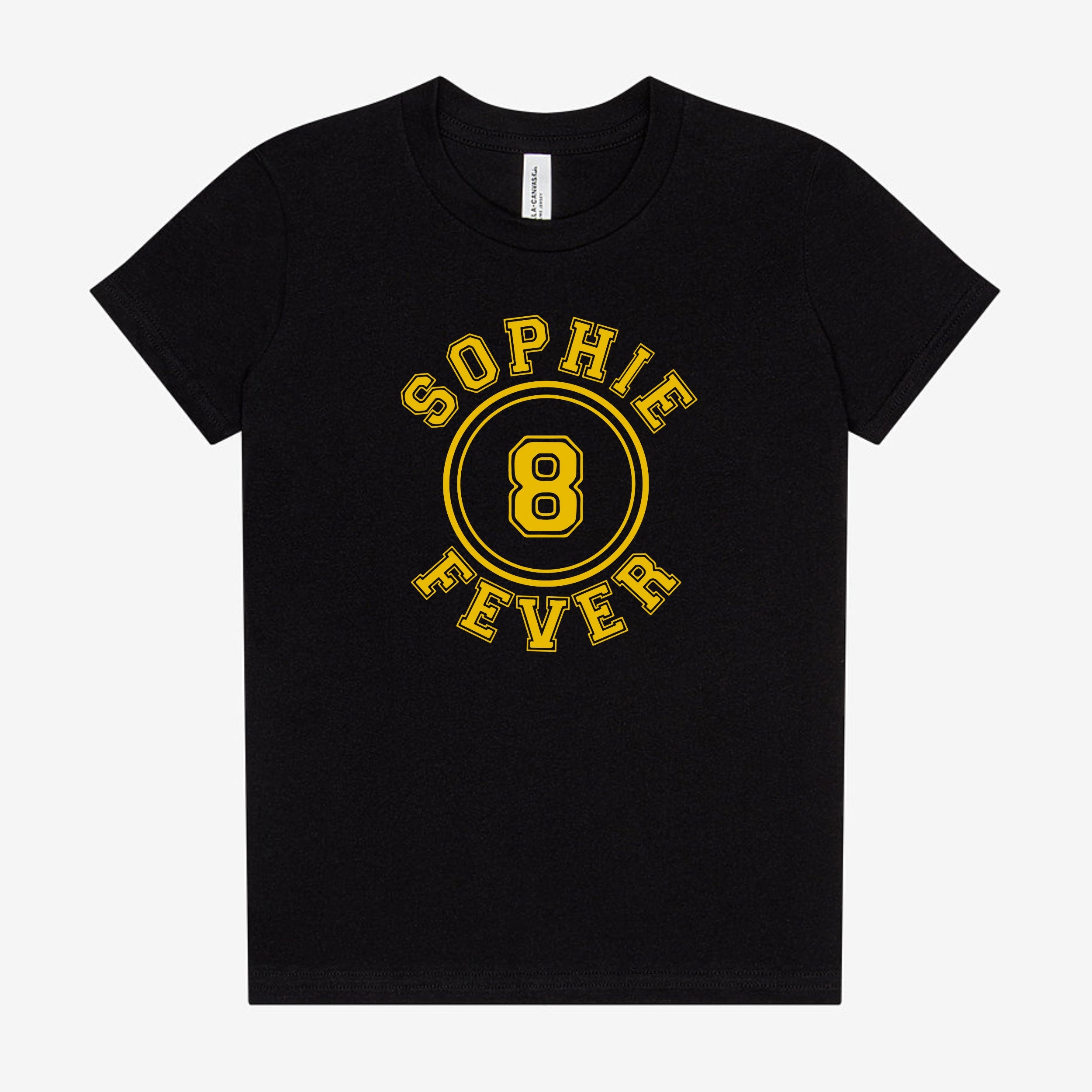 Black t-shirt with yellow text 'Sophie Fever' on a white background