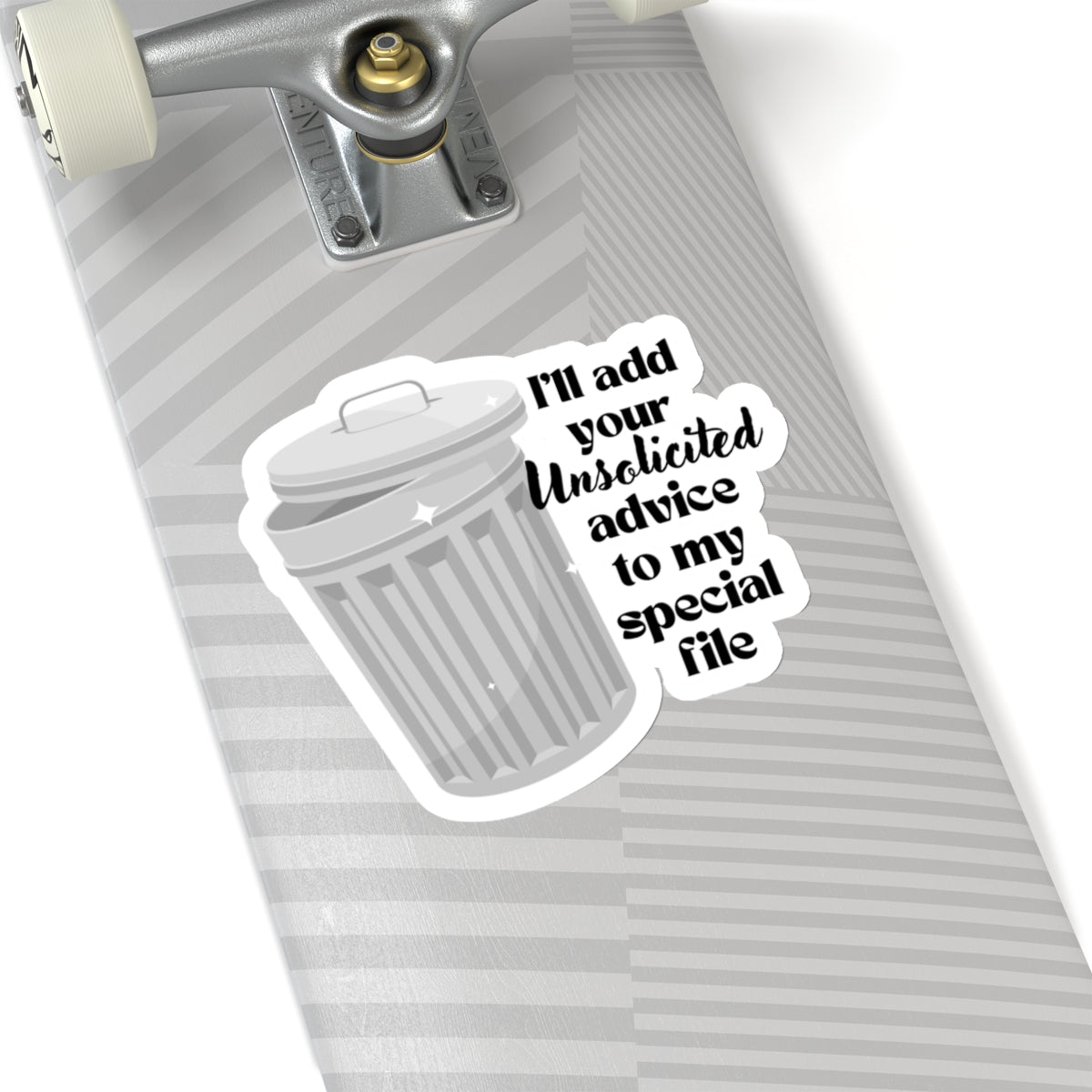 6 inch sticker of a trash can stuck on a skateboard