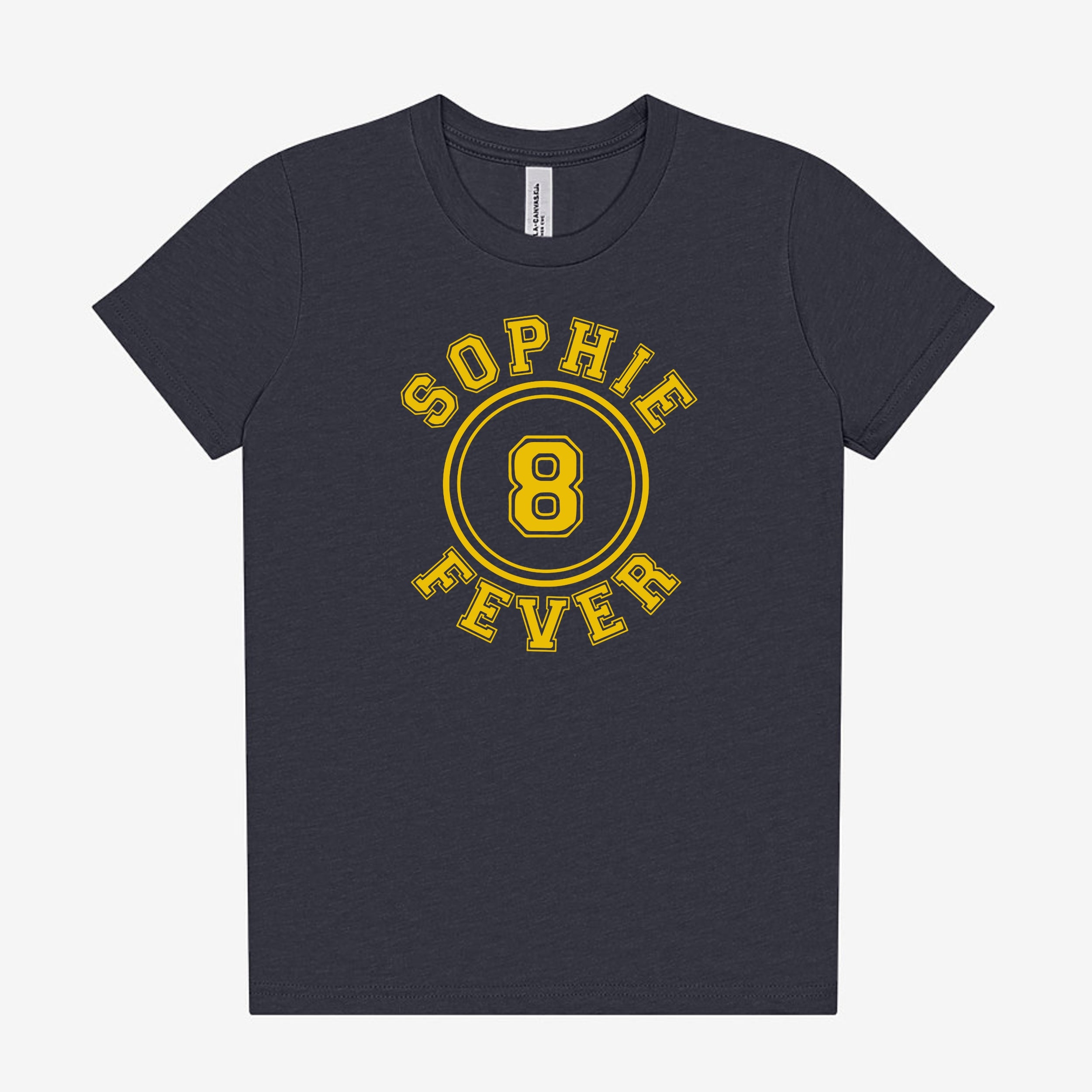 Heather navy t-shirt with yellow 'Sophie Fever' design on a white background