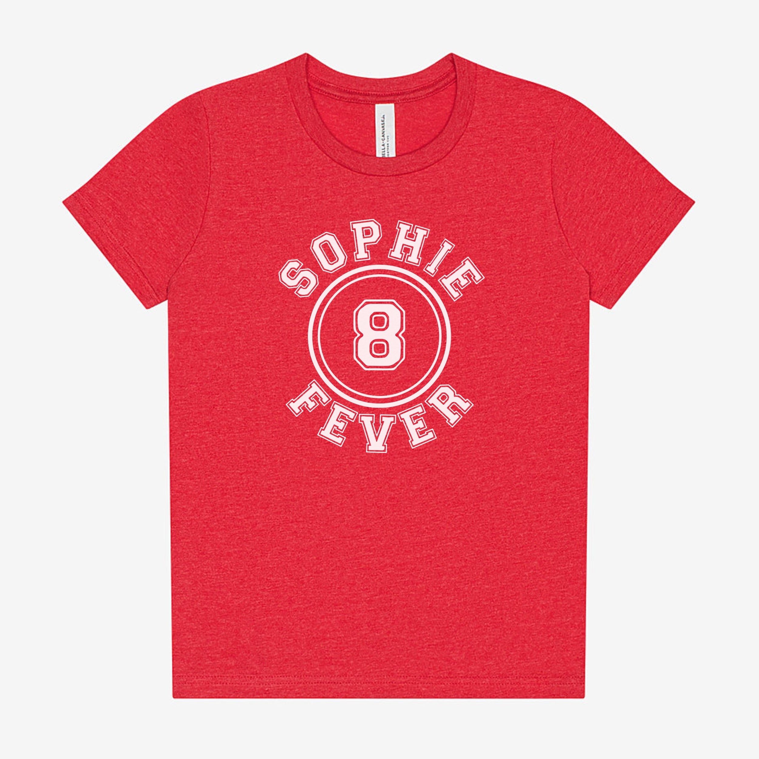 Red t-shirt with 'Sophie Fever' print on a white background