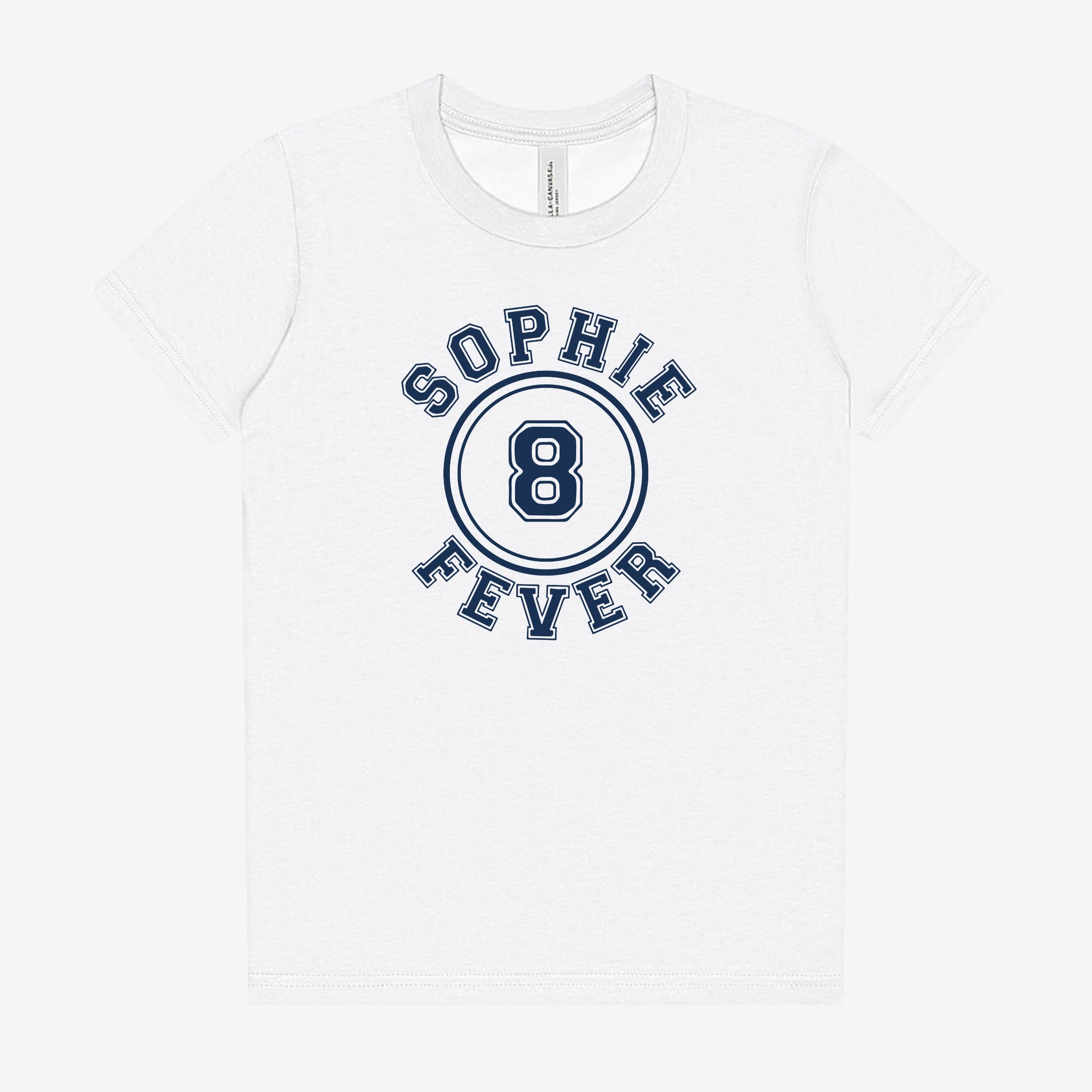White youth t-shirt with 'Sophie Fever' and number '8' design on a white background