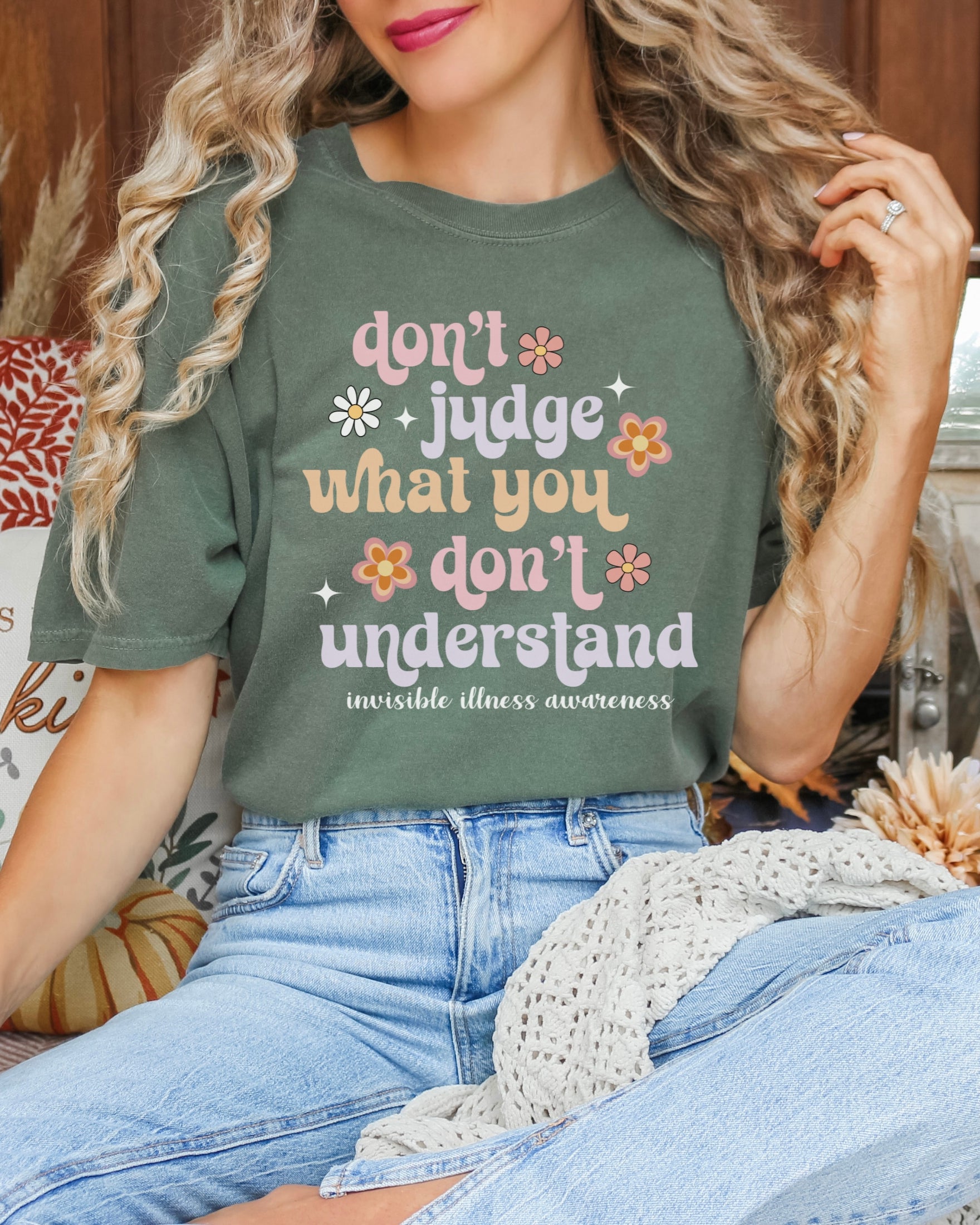 Girl wearing Comfort Colors invisible illness awareness shirt in moss
