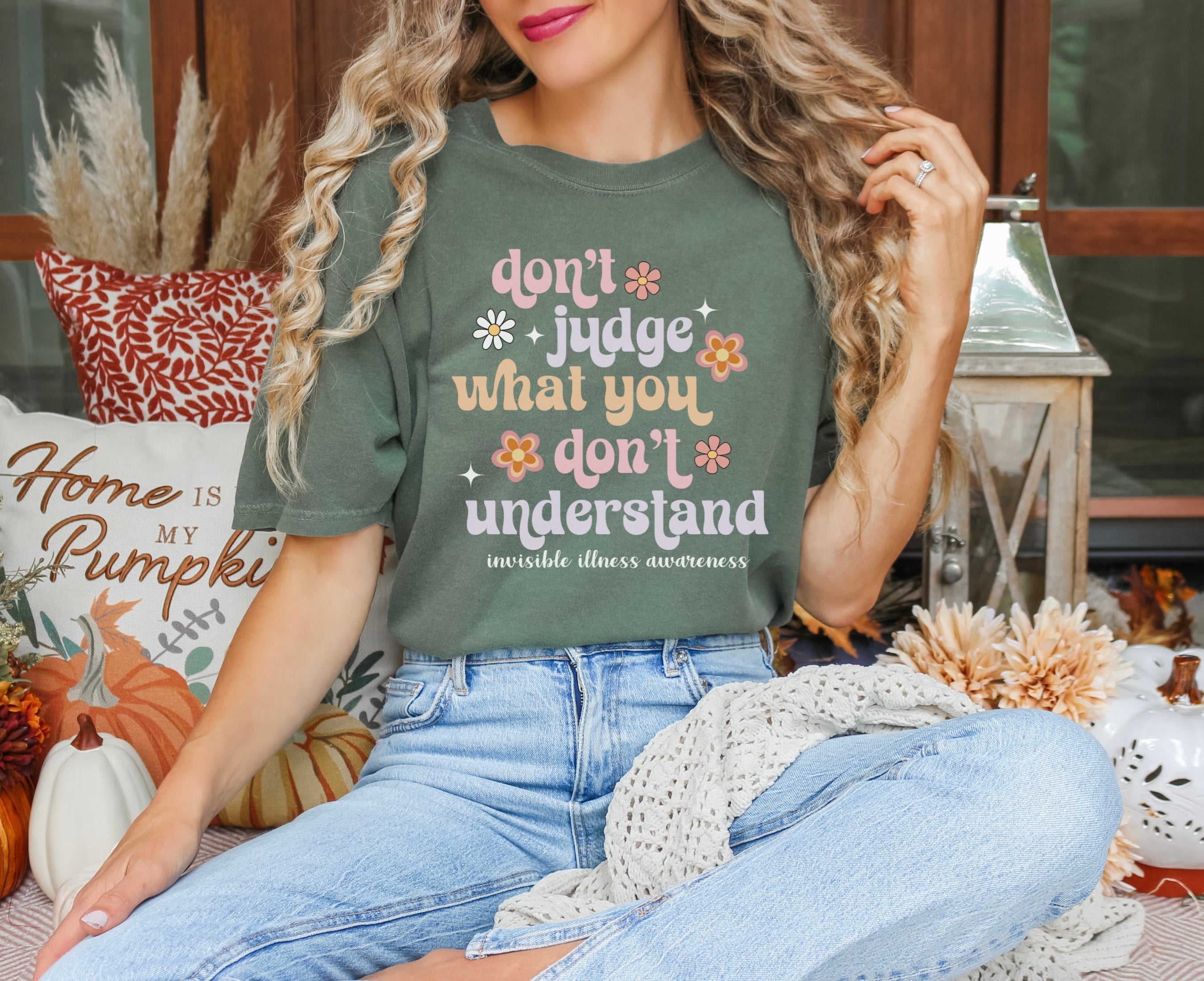 Girl wearing Comfort Colors invisible illness awareness shirt in moss